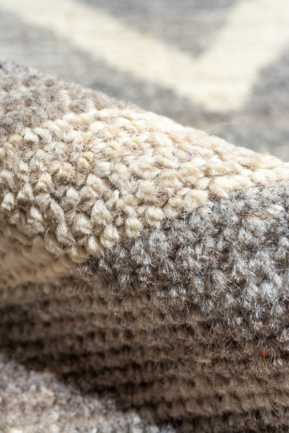 10' x 13' one-of-a-kind handmade vintage Tulu large size rug. Color palette: brown, dim gray, gainsboro, gray, light gray