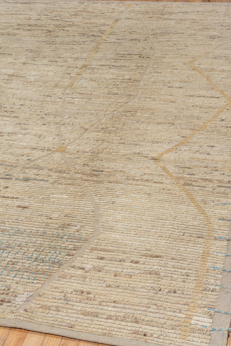 9' x 11' one-of-a-kind handmade vintage Tulu large size rug. Color palette: ivory, cream, taupe, beige, camel, pale blue
