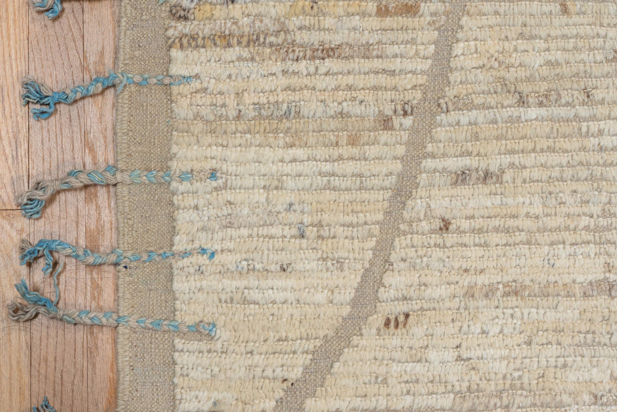 9' x 11' one-of-a-kind handmade vintage Tulu large size rug. Color palette: ivory, cream, taupe, beige, camel, pale blue