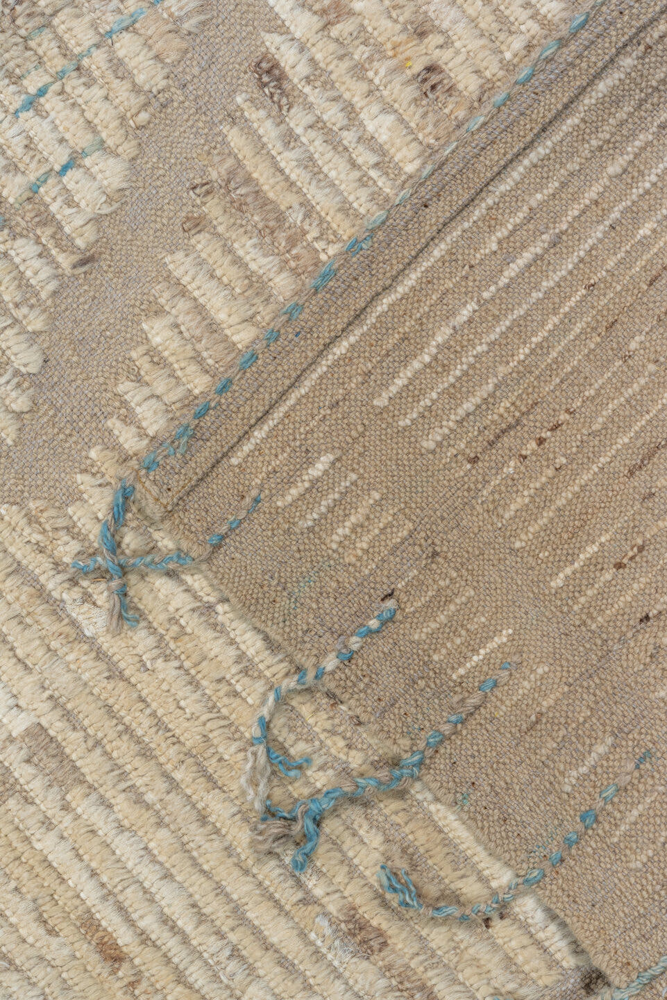9' x 11' one-of-a-kind handmade vintage Tulu large size rug. Color palette: ivory, cream, taupe, beige, camel, pale blue