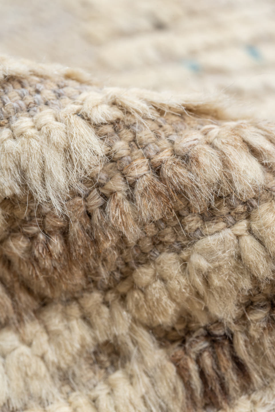 9' x 11' one-of-a-kind handmade vintage Tulu large size rug. Color palette: ivory, cream, taupe, beige, camel, pale blue