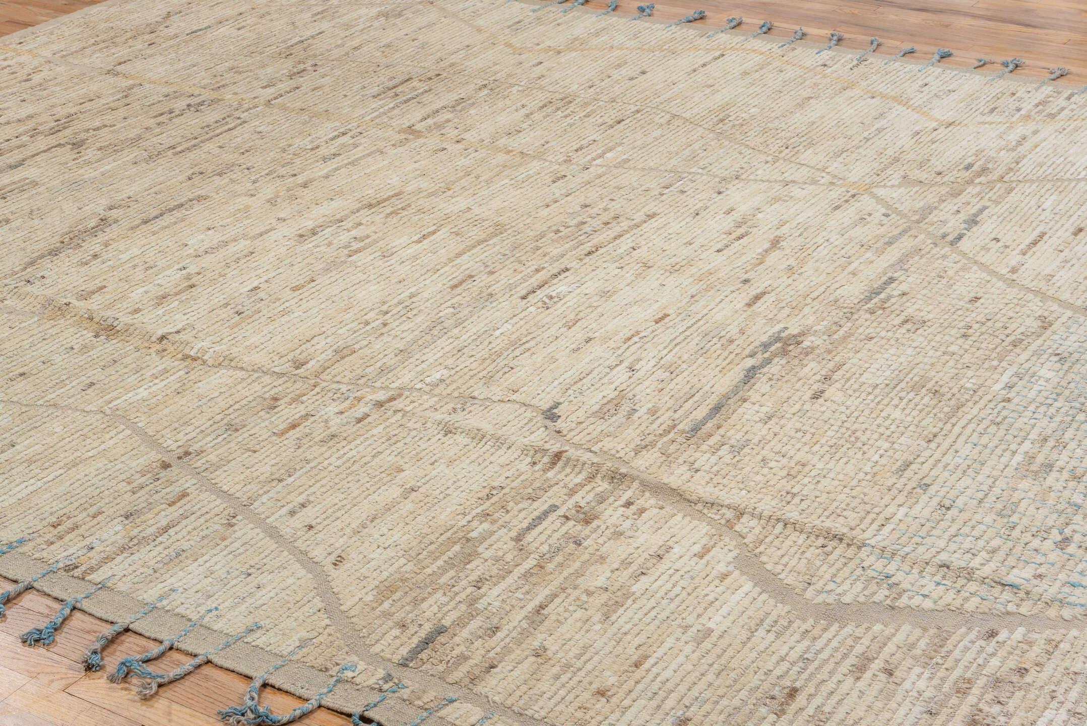 9' x 11' one-of-a-kind handmade vintage Tulu large size rug. Color palette: ivory, cream, taupe, beige, camel, pale blue