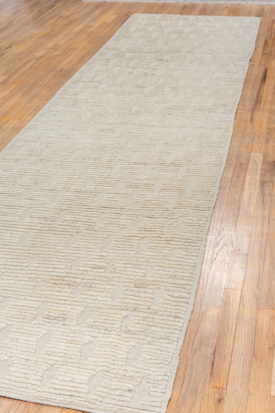 3' x 14' one-of-a-kind handmade vintage Tulu runner rug. Color palette: ivory, cream, beige, taupe, gray