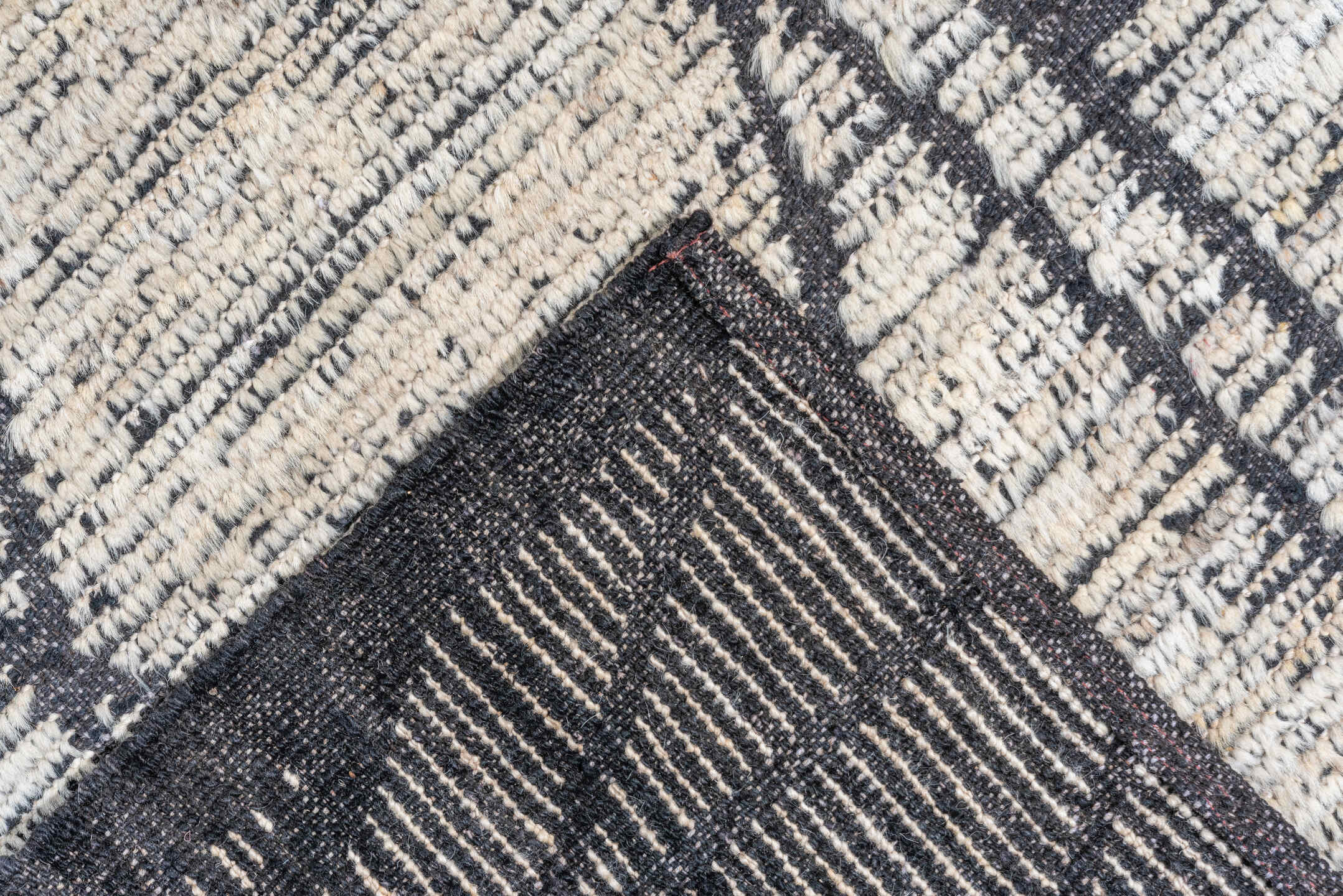 9' x 12' one-of-a-kind handmade vintage Tulu large size rug. Color palette: ivory, charcoal, slate, cream, gray, black