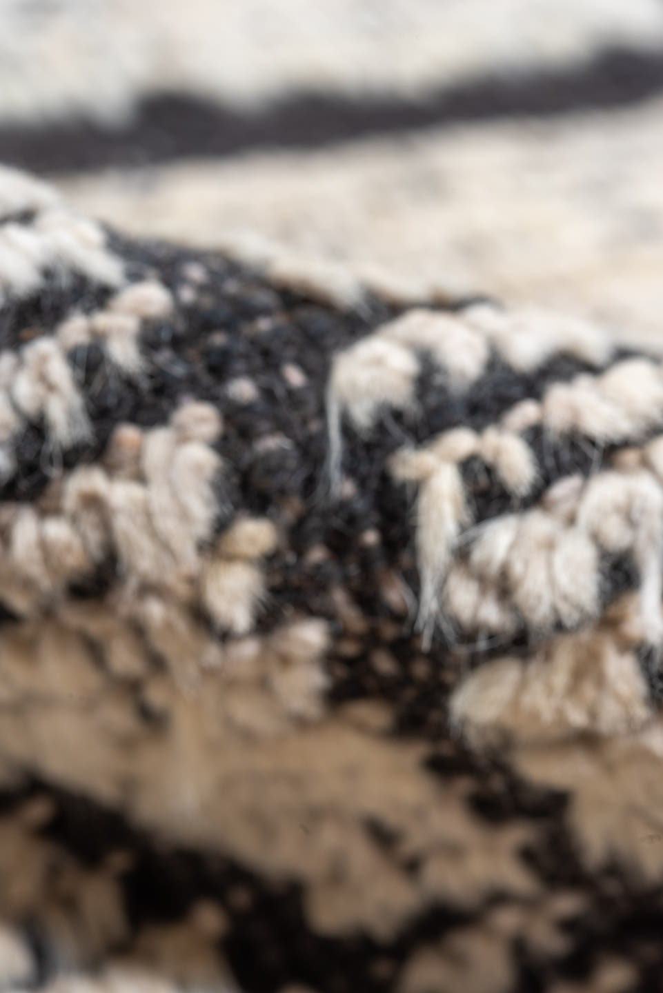 9' x 12' one-of-a-kind handmade vintage Tulu large size rug. Color palette: ivory, charcoal, slate, cream, gray, black