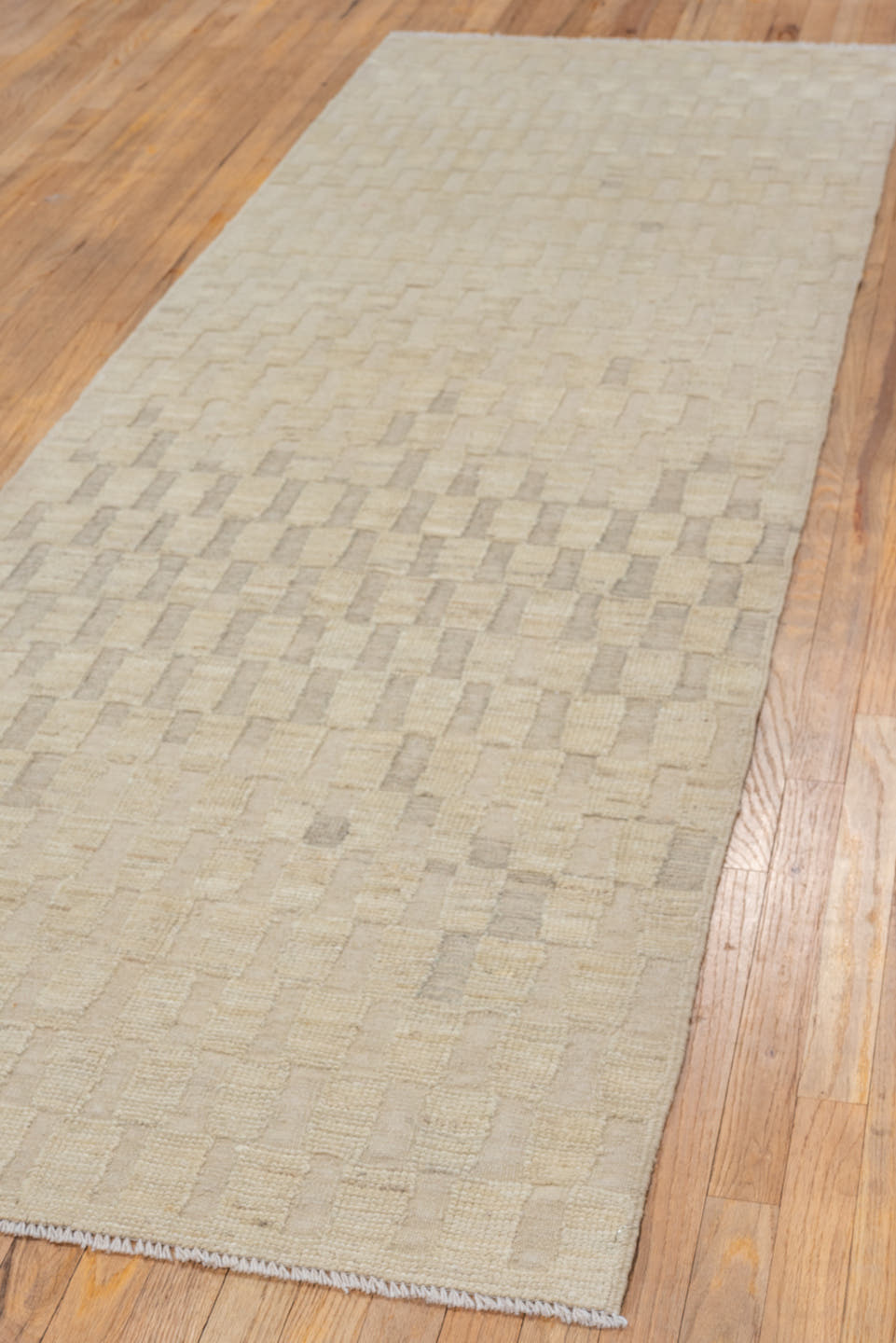 3' x 9' one-of-a-kind handmade vintage Tulu runner rug. Color palette: ivory, cream, beige, taupe, gray