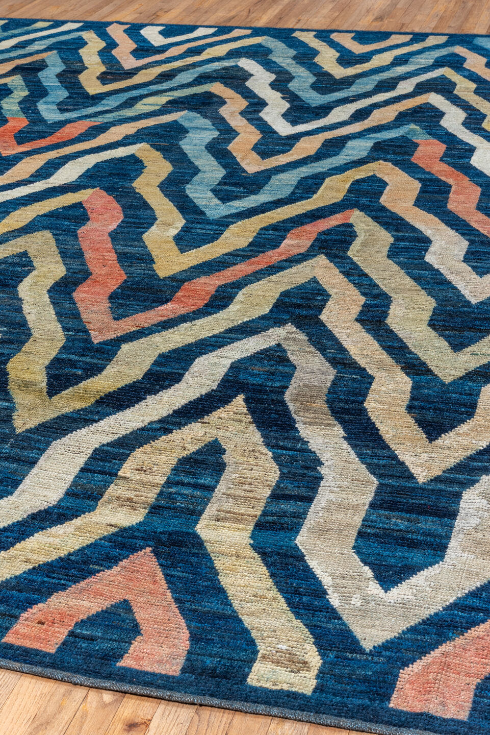 10' x 13' one-of-a-kind handmade vintage Tulu large size rug. Color palette: blue, ivory, sky_blue, blush, coral, gold, aqua