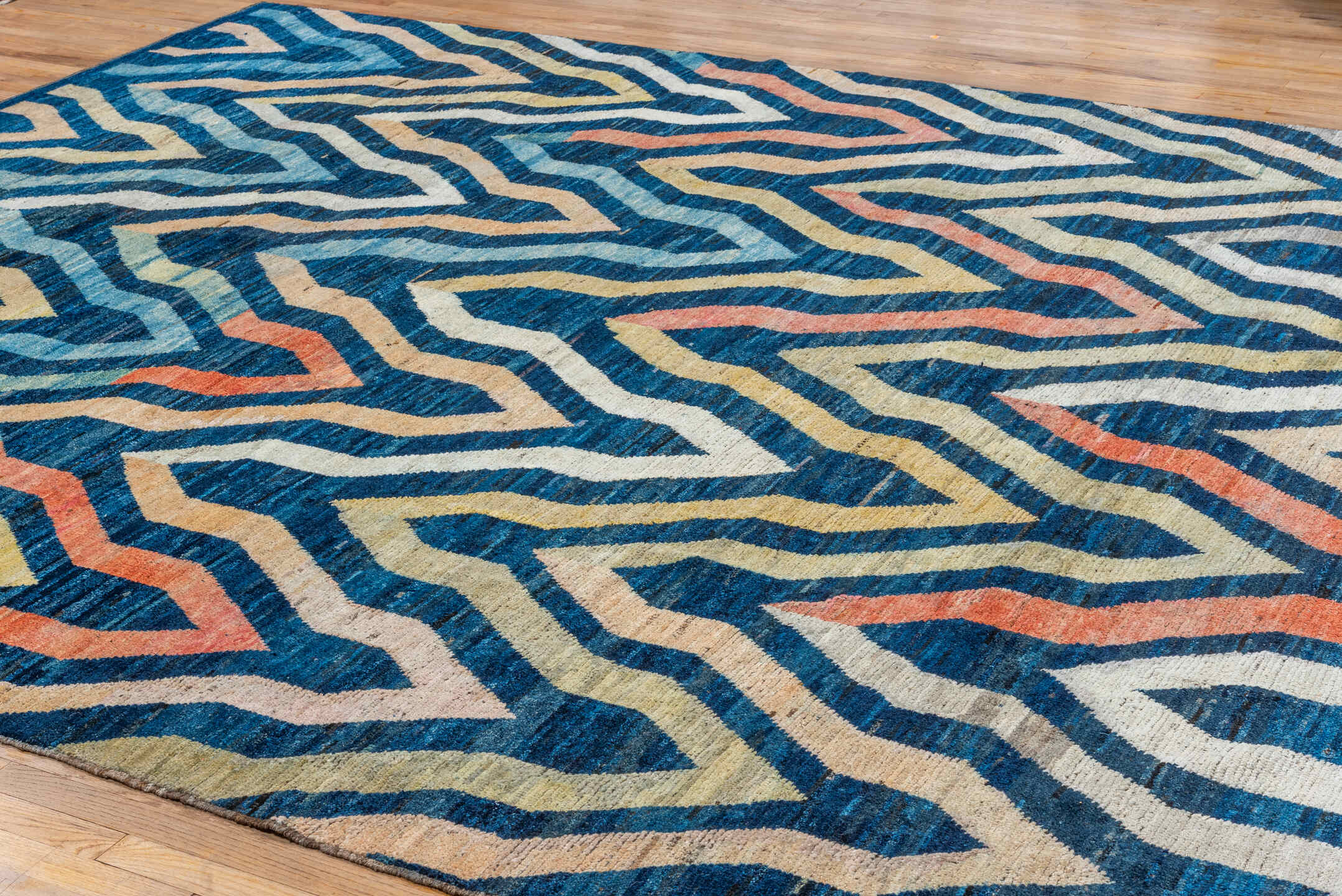 10' x 13' one-of-a-kind handmade vintage Tulu large size rug. Color palette: blue, ivory, sky_blue, blush, coral, gold, aqua