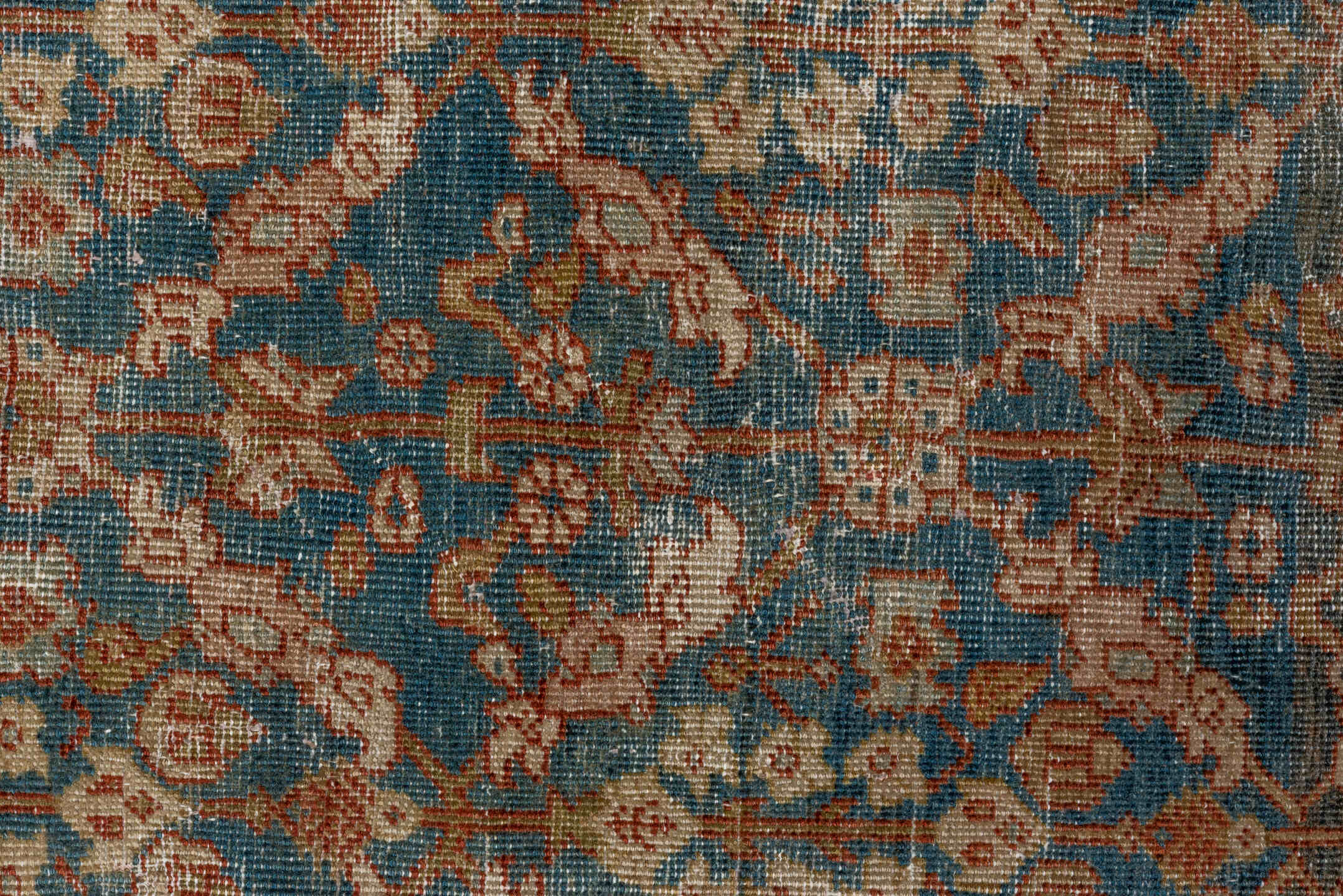 3' x 9' one-of-a-kind handmade antique Mahal runner rug. Color palette: blue, rust, ivory, camel, taupe, sage, gold