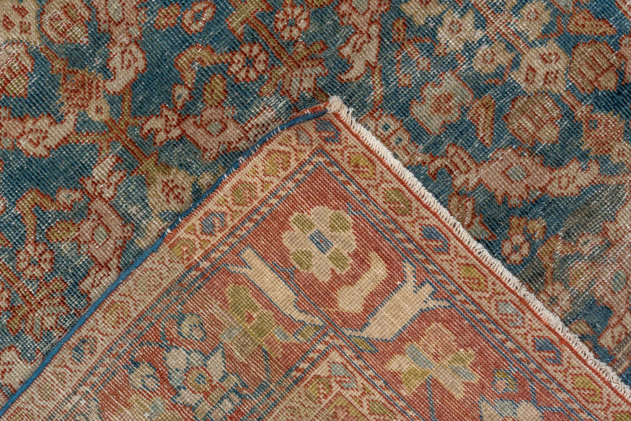 3' x 9' one-of-a-kind handmade antique Mahal runner rug. Color palette: blue, rust, ivory, camel, taupe, sage, gold
