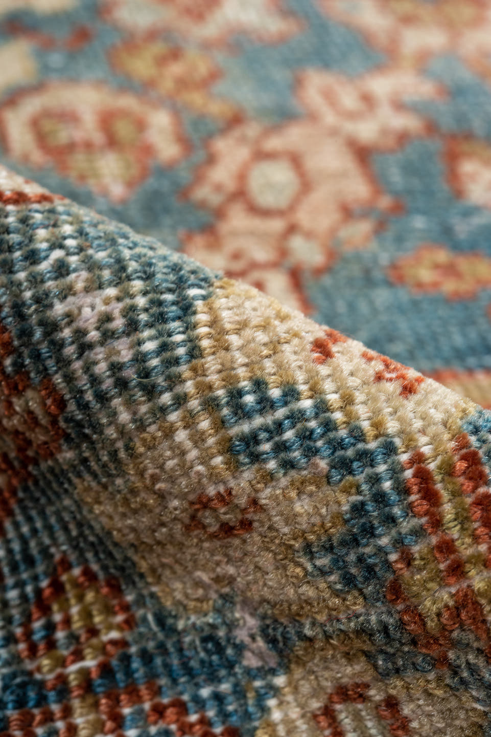 3' x 9' one-of-a-kind handmade antique Mahal runner rug. Color palette: blue, rust, ivory, camel, taupe, sage, gold