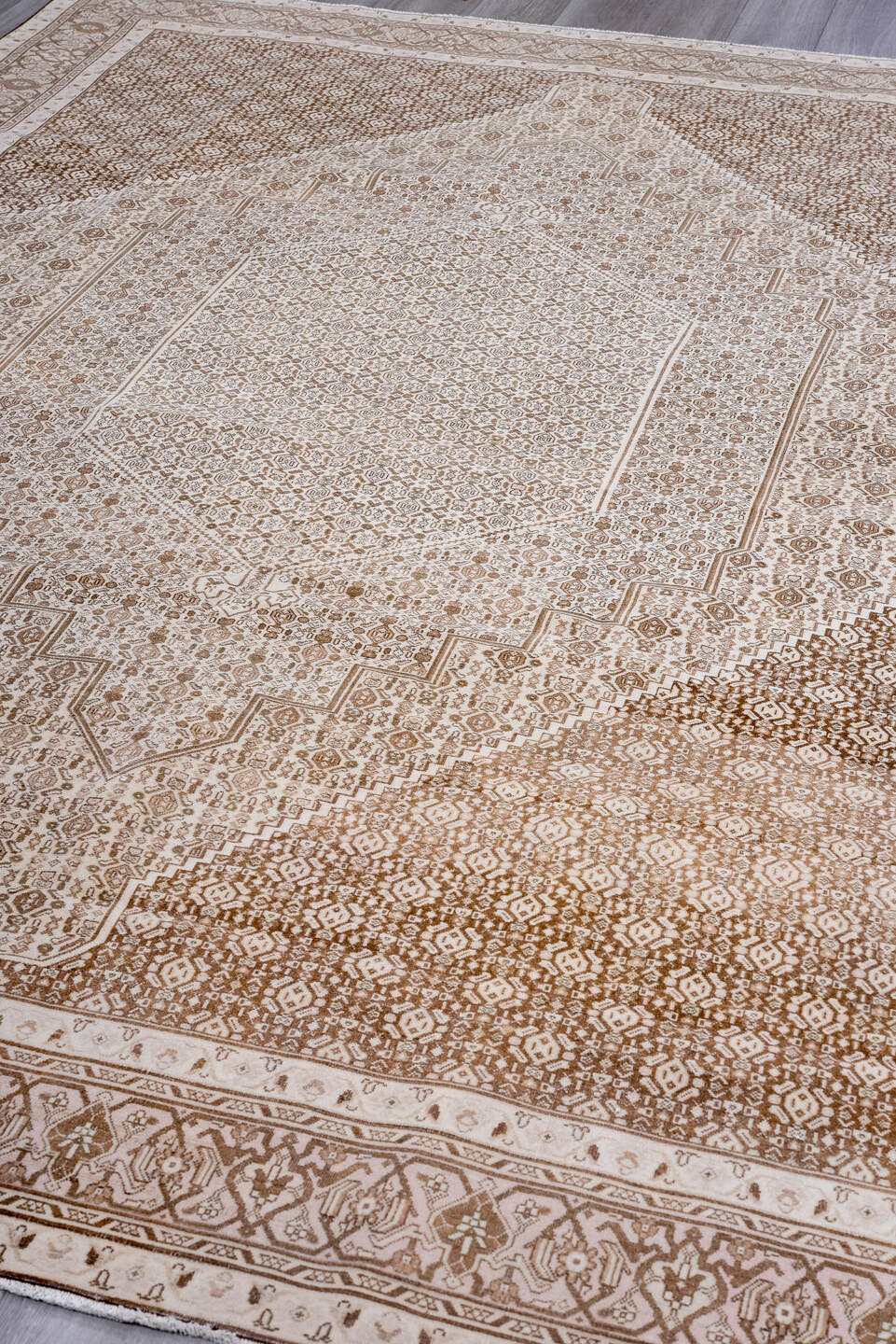 8' x 11' one-of-a-kind handmade antique Turkish large size rug. Color palette: ivory, camel, taupe, beige, light brown, gray