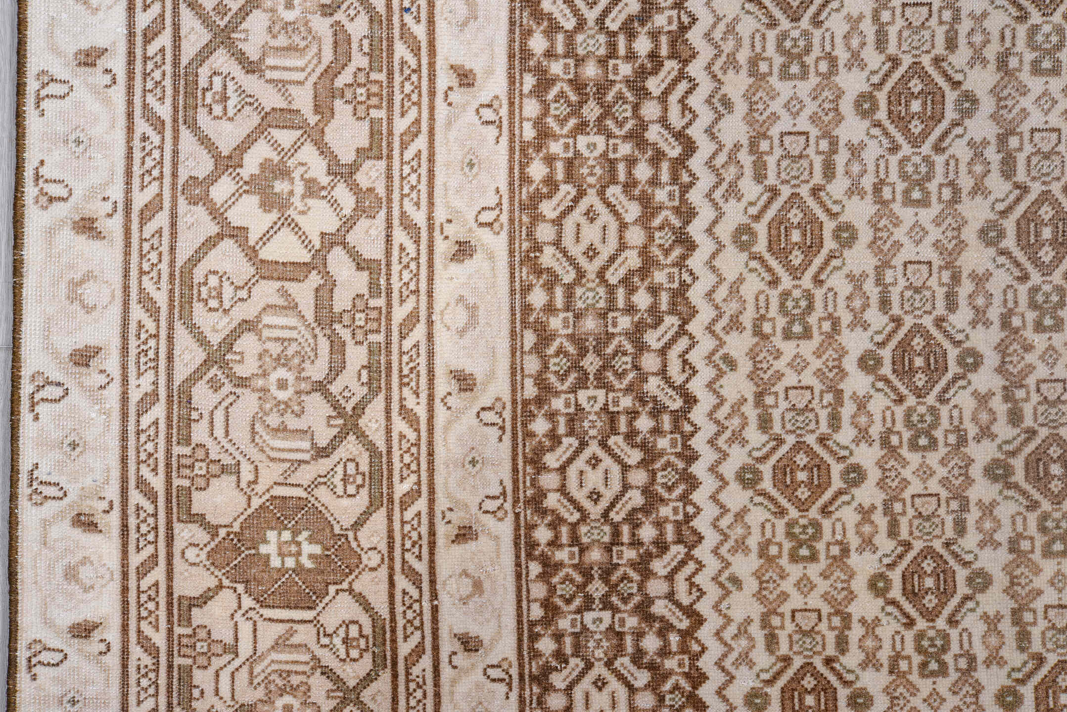 8' x 11' one-of-a-kind handmade antique Turkish large size rug. Color palette: ivory, camel, taupe, beige, light brown, gray