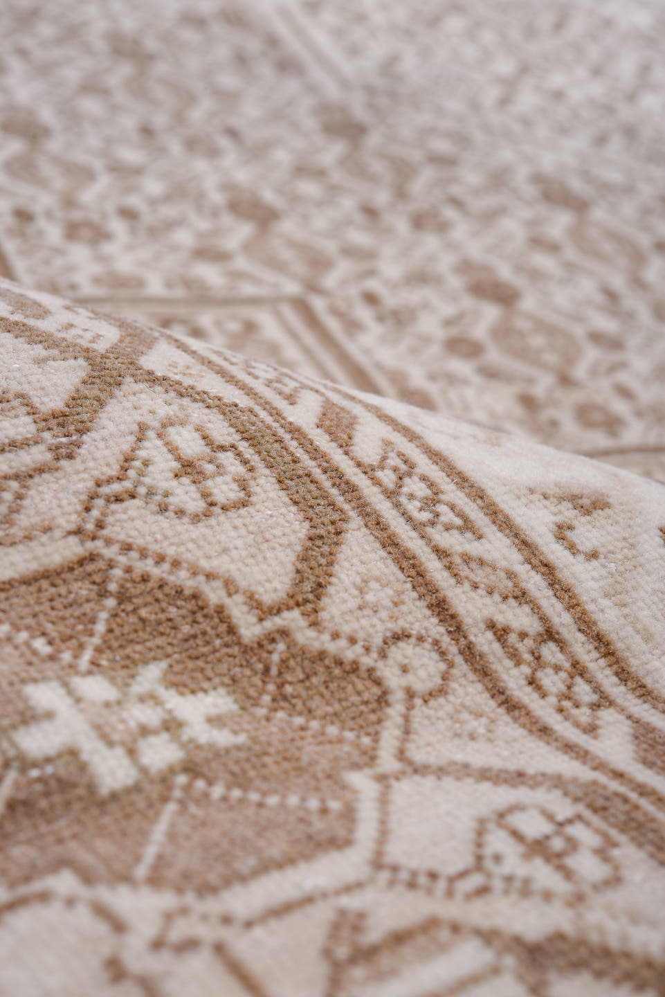 8' x 11' one-of-a-kind handmade antique Turkish large size rug. Color palette: ivory, camel, taupe, beige, light brown, gray