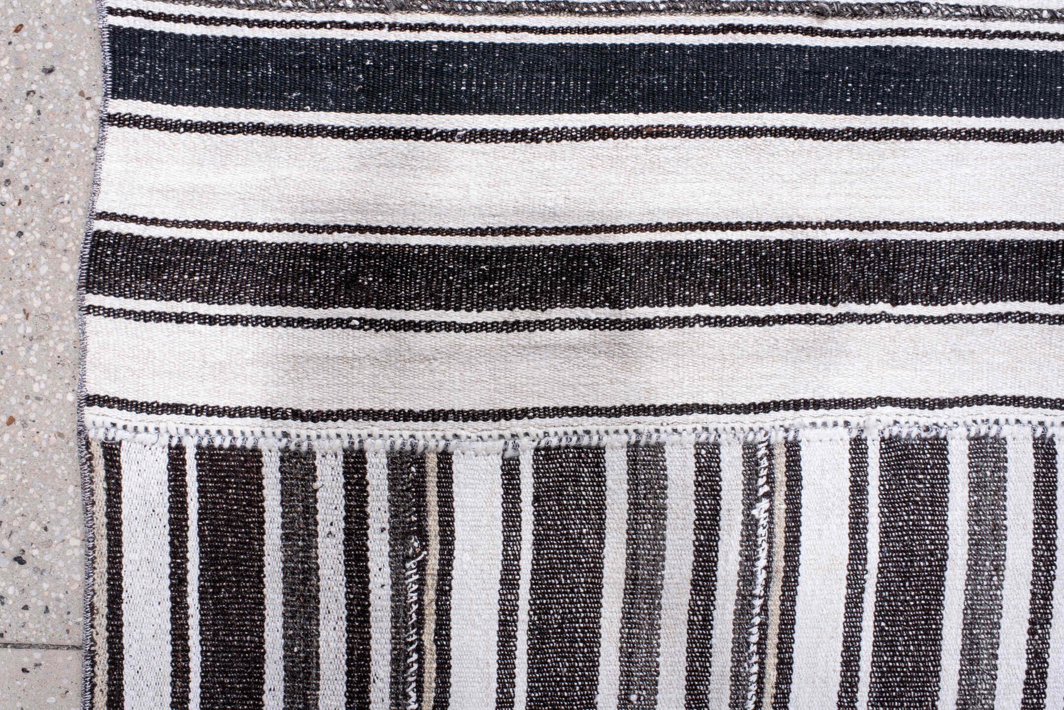 15' x 21' one-of-a-kind handmade antique Flatweave oversize rug. Color palette: ivory, charcoal, black, gray