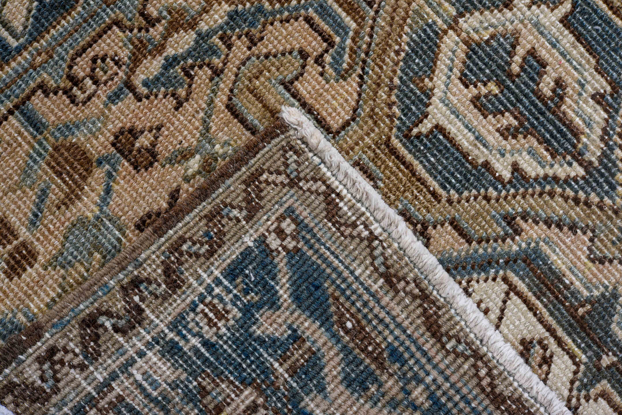 4' x 6' one-of-a-kind handmade vintage Heriz rug. Color palette: ivory, slate, taupe, sky blue, charcoal, brown, gray, beige