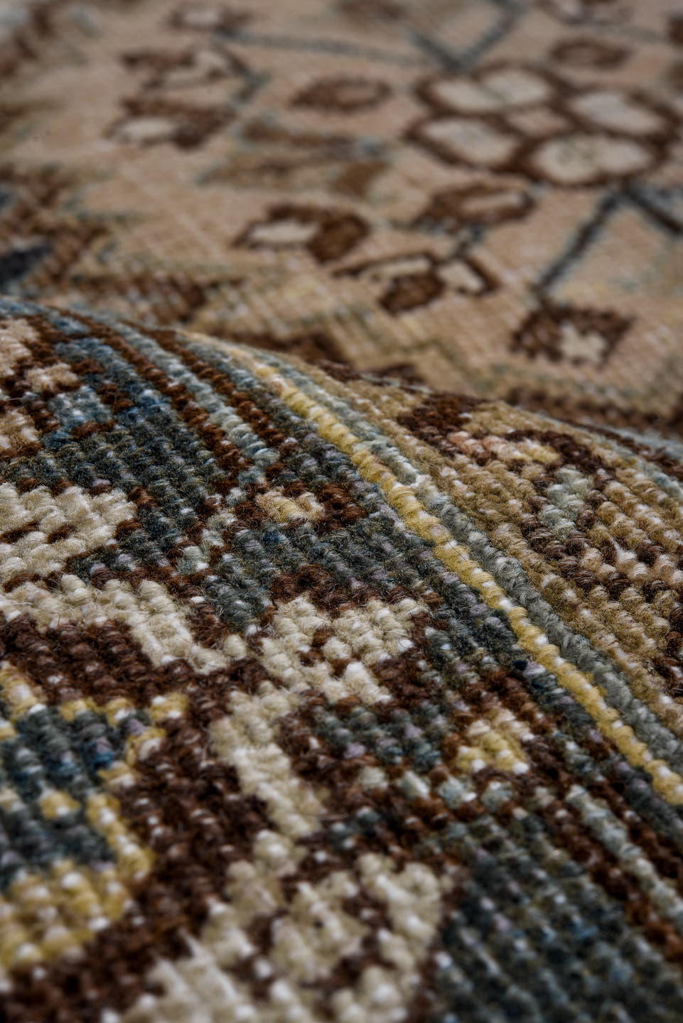 4' x 6' one-of-a-kind handmade vintage Heriz rug. Color palette: ivory, slate, taupe, sky blue, charcoal, brown, gray, beige