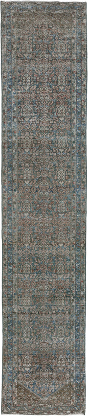 3' x 16' one-of-a-kind handmade antique Malayer runner rug. Color palette: blue, taupe, ivory, rust, slate, brown, beige