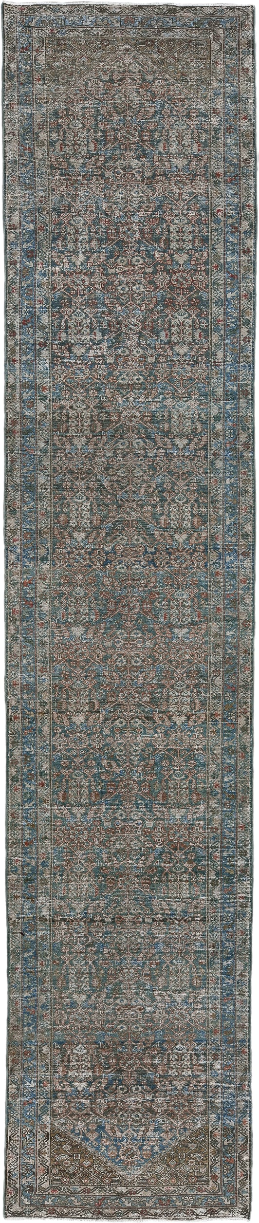 3' x 16' one-of-a-kind handmade antique Malayer runner rug. Color palette: blue, taupe, ivory, rust, slate, brown, beige