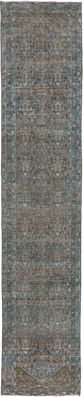 3' x 16' one-of-a-kind handmade antique Malayer runner rug. Color palette: blue, taupe, ivory, rust, slate, brown, beige