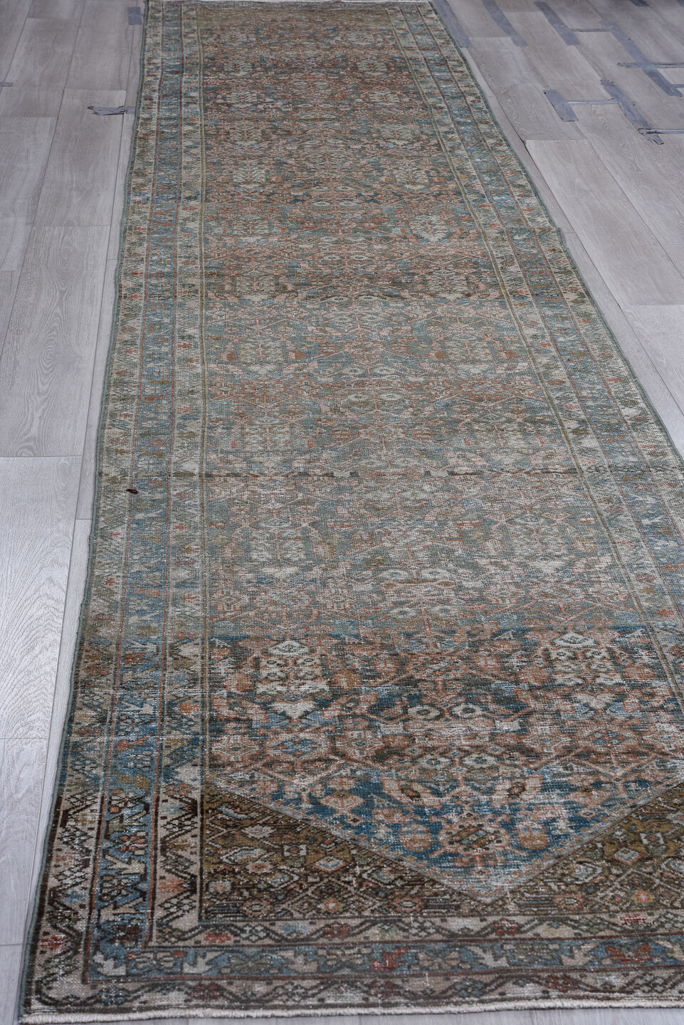 3' x 16' one-of-a-kind handmade vintage Malayer runner rug. Color palette: black, blue, charcoal, gray, light gray