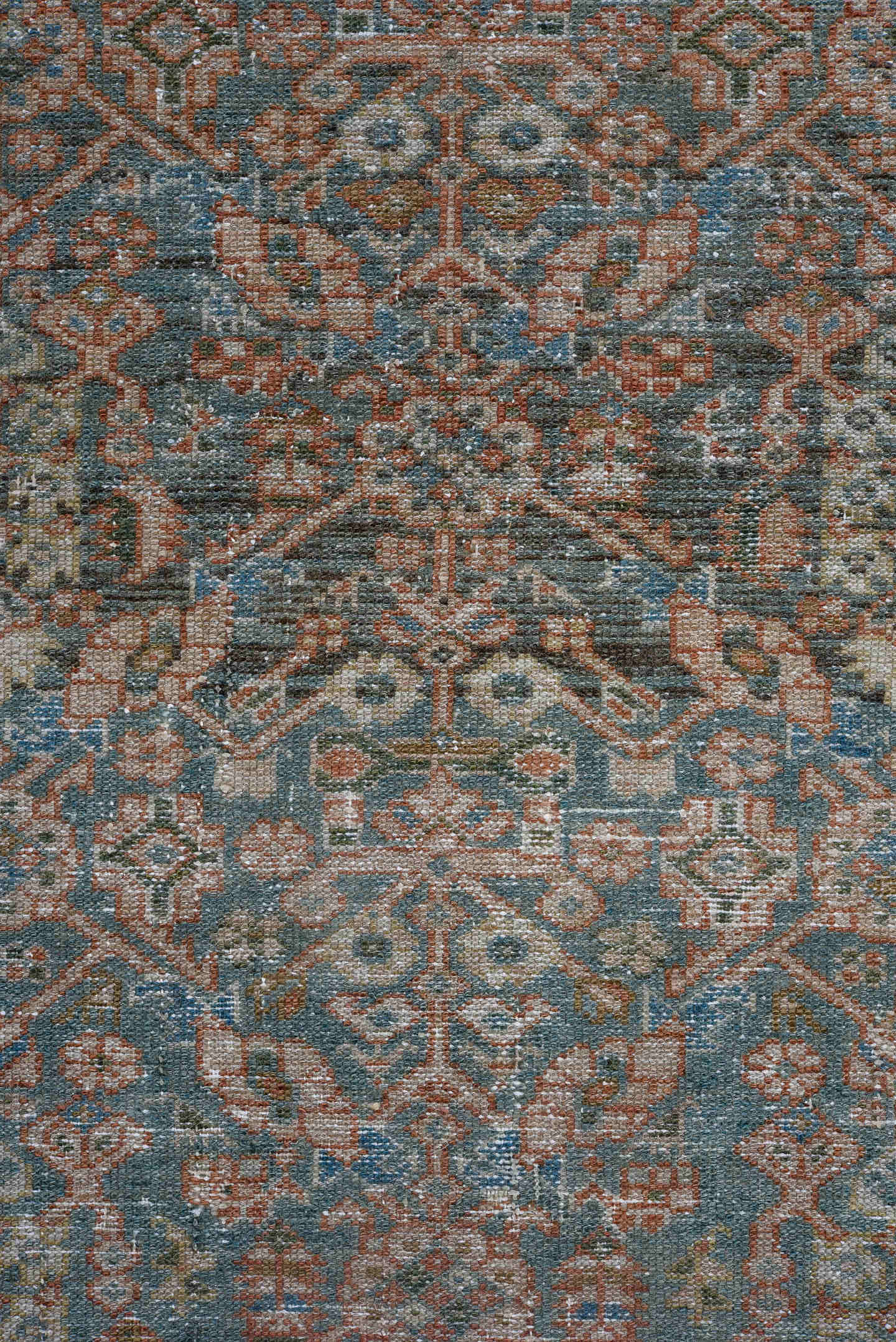 3' x 16' one-of-a-kind handmade antique Malayer runner rug. Color palette: blue, taupe, ivory, rust, slate, brown, beige