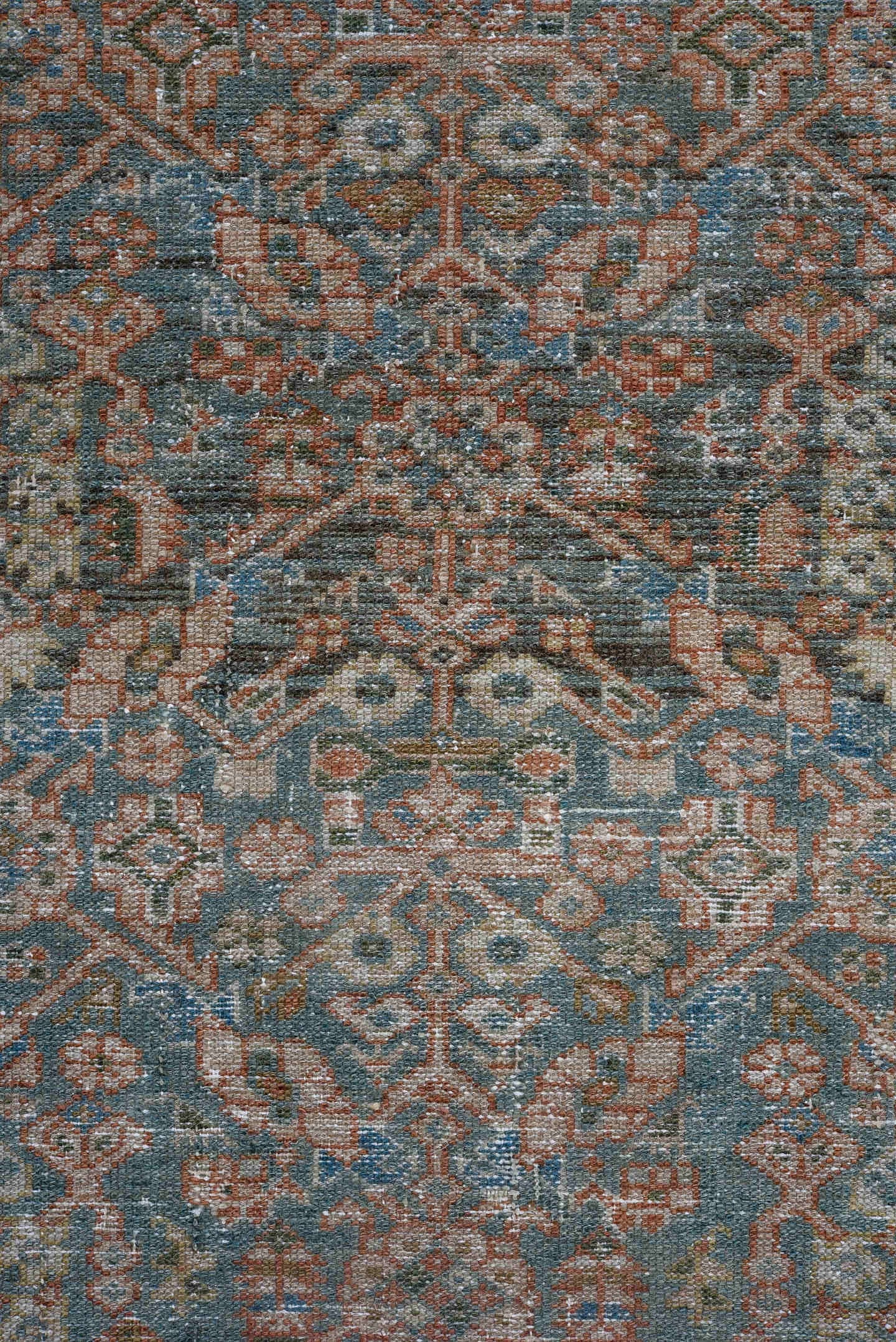 3' x 16' one-of-a-kind handmade antique Malayer runner rug. Color palette: blue, taupe, ivory, rust, slate, brown, beige
