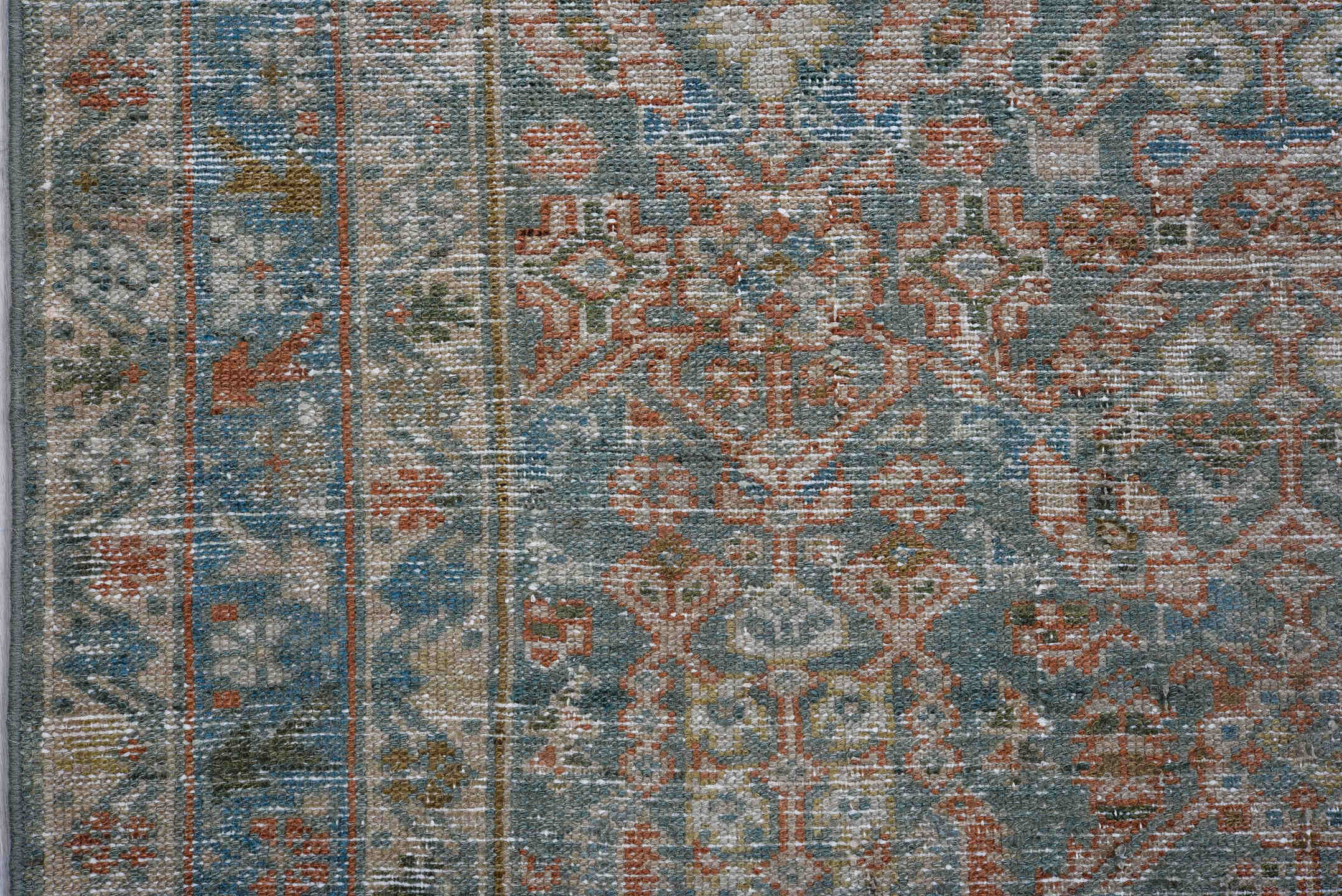 3' x 16' one-of-a-kind handmade antique Malayer runner rug. Color palette: blue, taupe, ivory, rust, slate, brown, beige