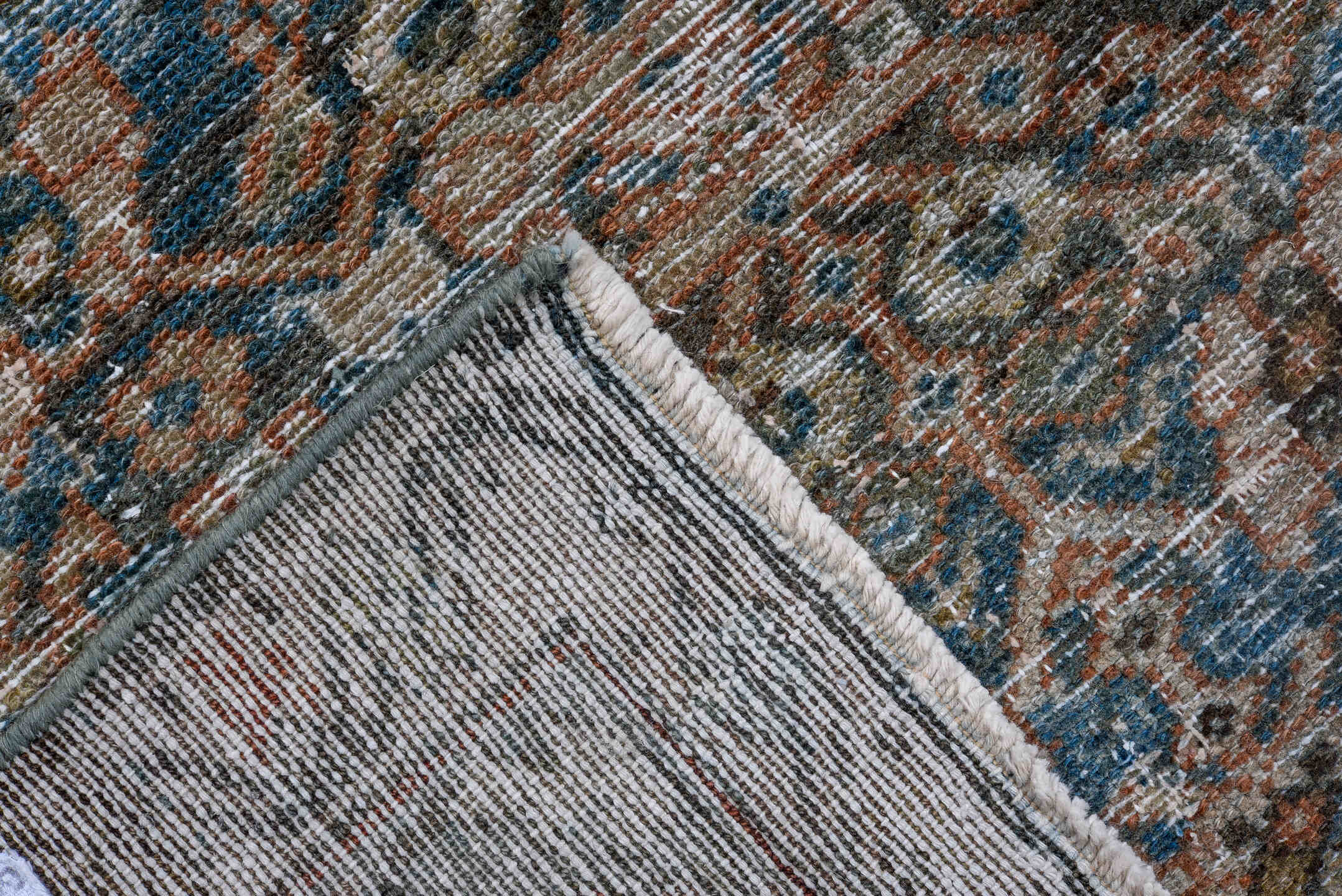 3' x 16' one-of-a-kind handmade antique Malayer runner rug. Color palette: blue, taupe, ivory, rust, slate, brown, beige