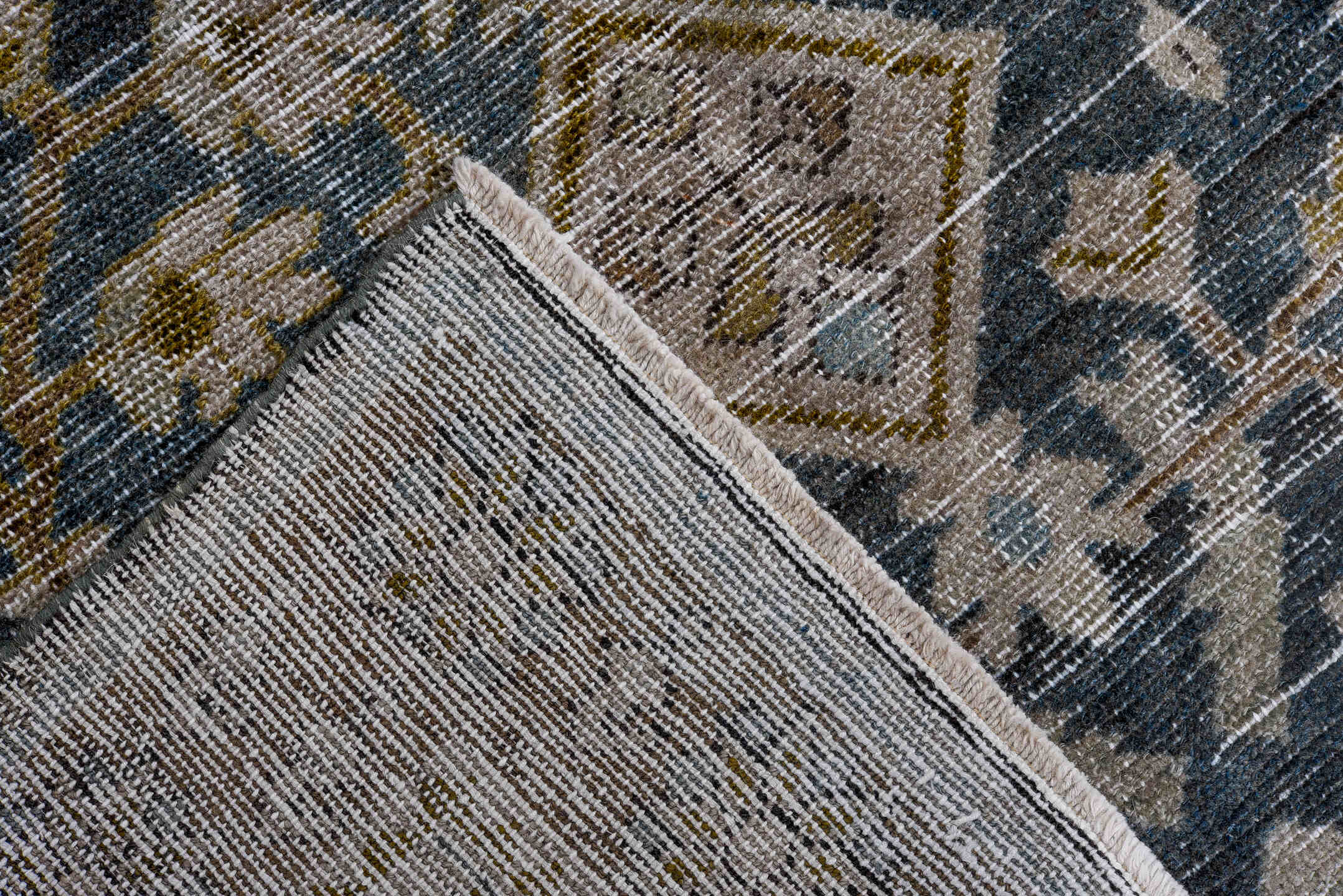 4' x 7' one-of-a-kind handmade antique Malayer rug. Color palette: ivory, indigo, brown, sky blue, taupe, olive, purple