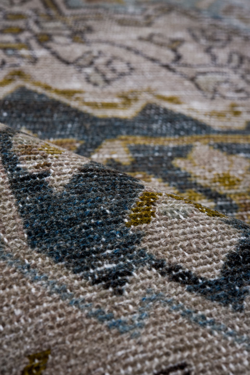 4' x 7' one-of-a-kind handmade antique Malayer rug. Color palette: ivory, indigo, brown, sky blue, taupe, olive, purple