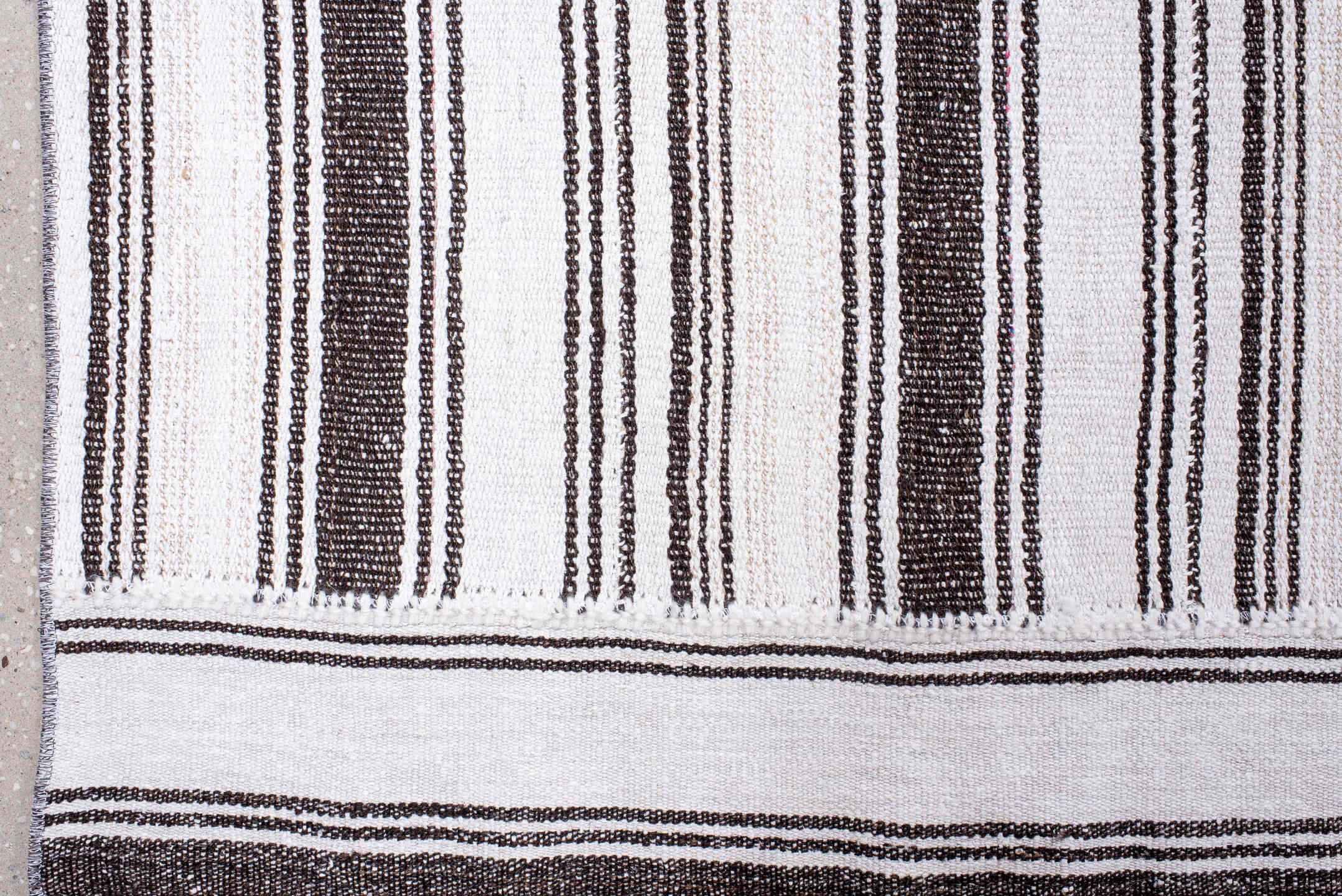 12' x 16' one-of-a-kind handmade antique Flatweave oversize rug. Color palette: ivory, charcoal, gray, black