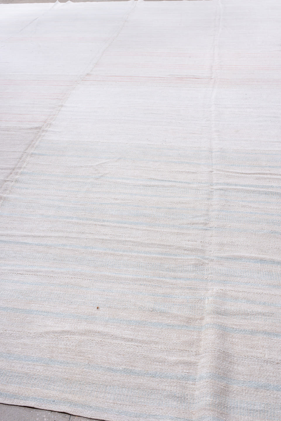 15' x 19' one-of-a-kind handmade antique Flatweave oversize rug. Color palette: ivory, blush, pale blue, cream, pink