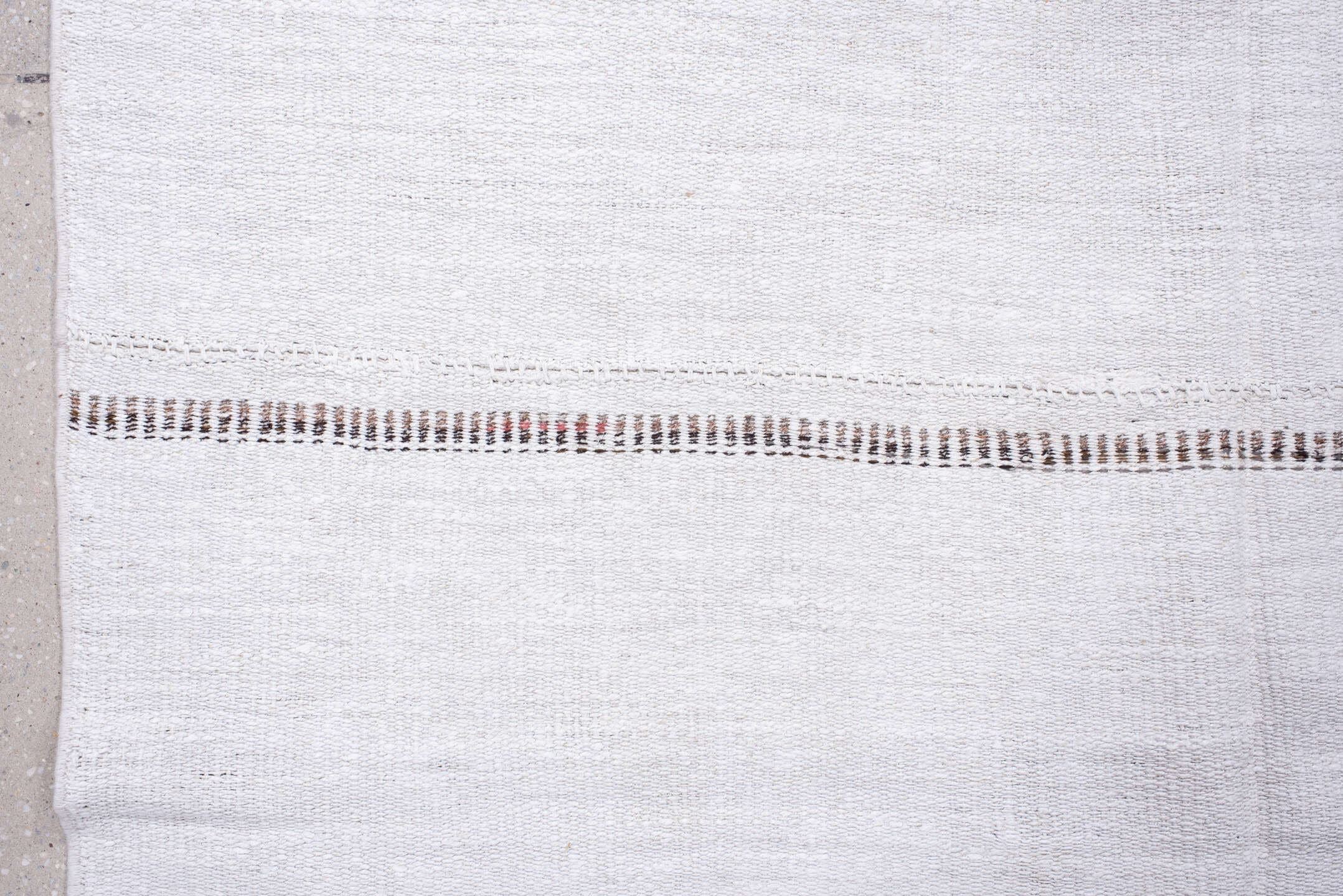 7' x 12' one-of-a-kind handmade vintage Flatweave large size rug. Color palette: ivory, charcoal, taupe, rose, gray, black