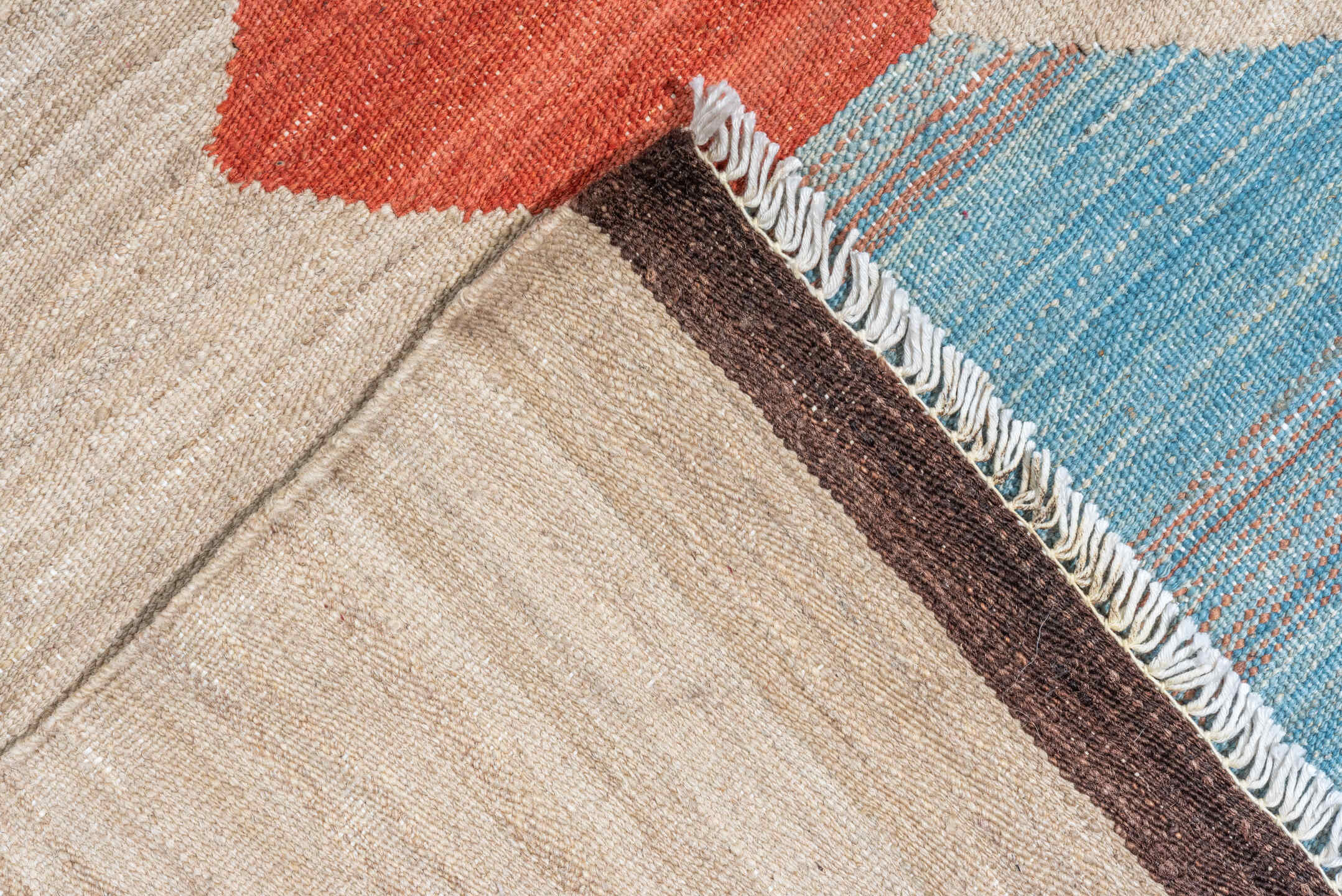 8' x 11' one-of-a-kind handmade vintage Kilim large size rug. Color palette: blue, brown, gray, light gray, off-white, pink