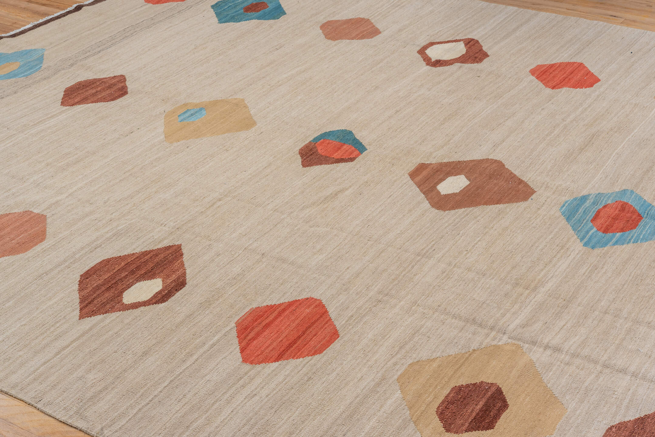 8' x 11' one-of-a-kind handmade vintage Kilim large size rug. Color palette: blue, brown, gray, light gray, off-white, pink