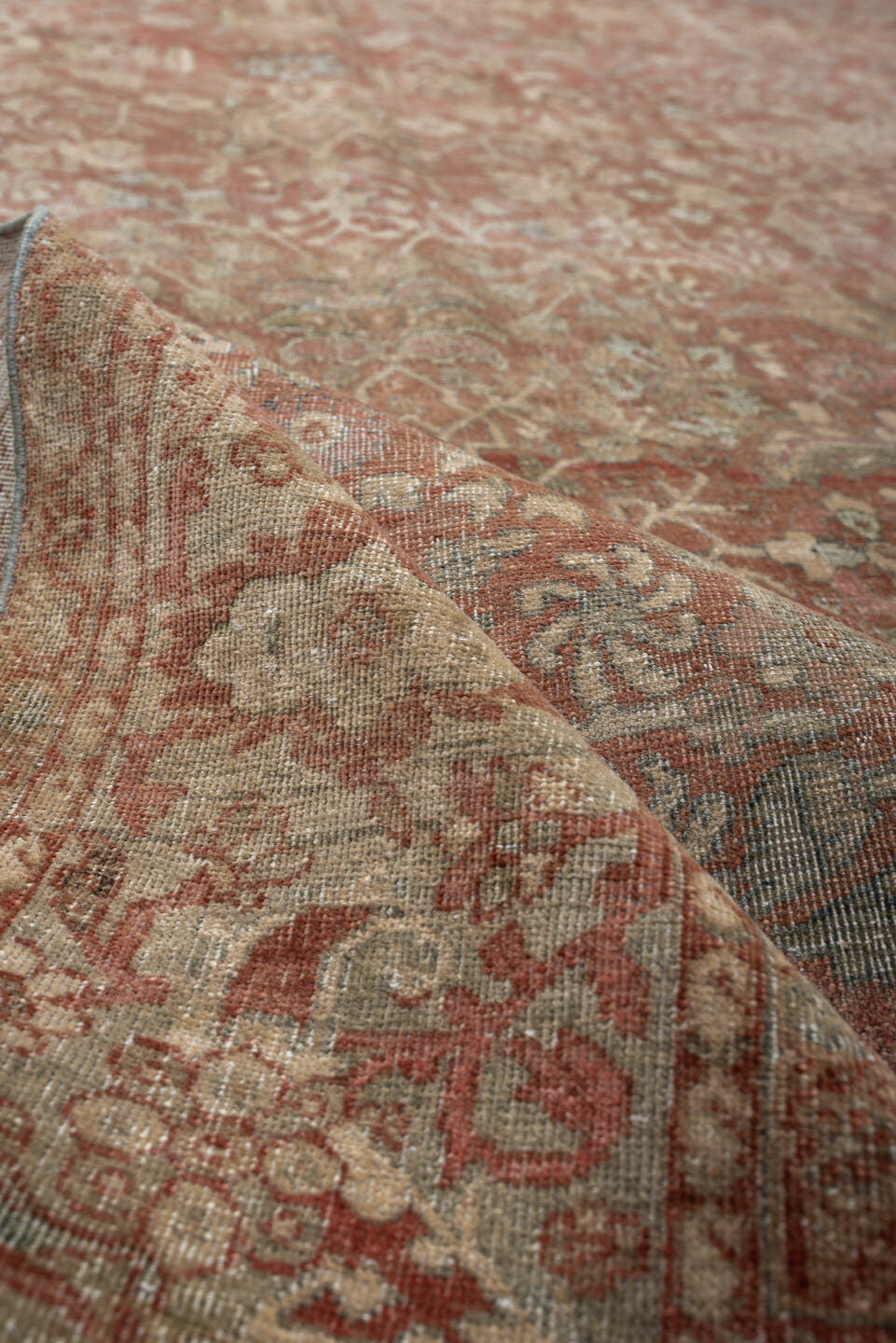 8' x 11' one-of-a-kind handmade vintage Far.Sarouk large size rug. Color palette: terracotta, ivory, sage, muted blue, taupe
