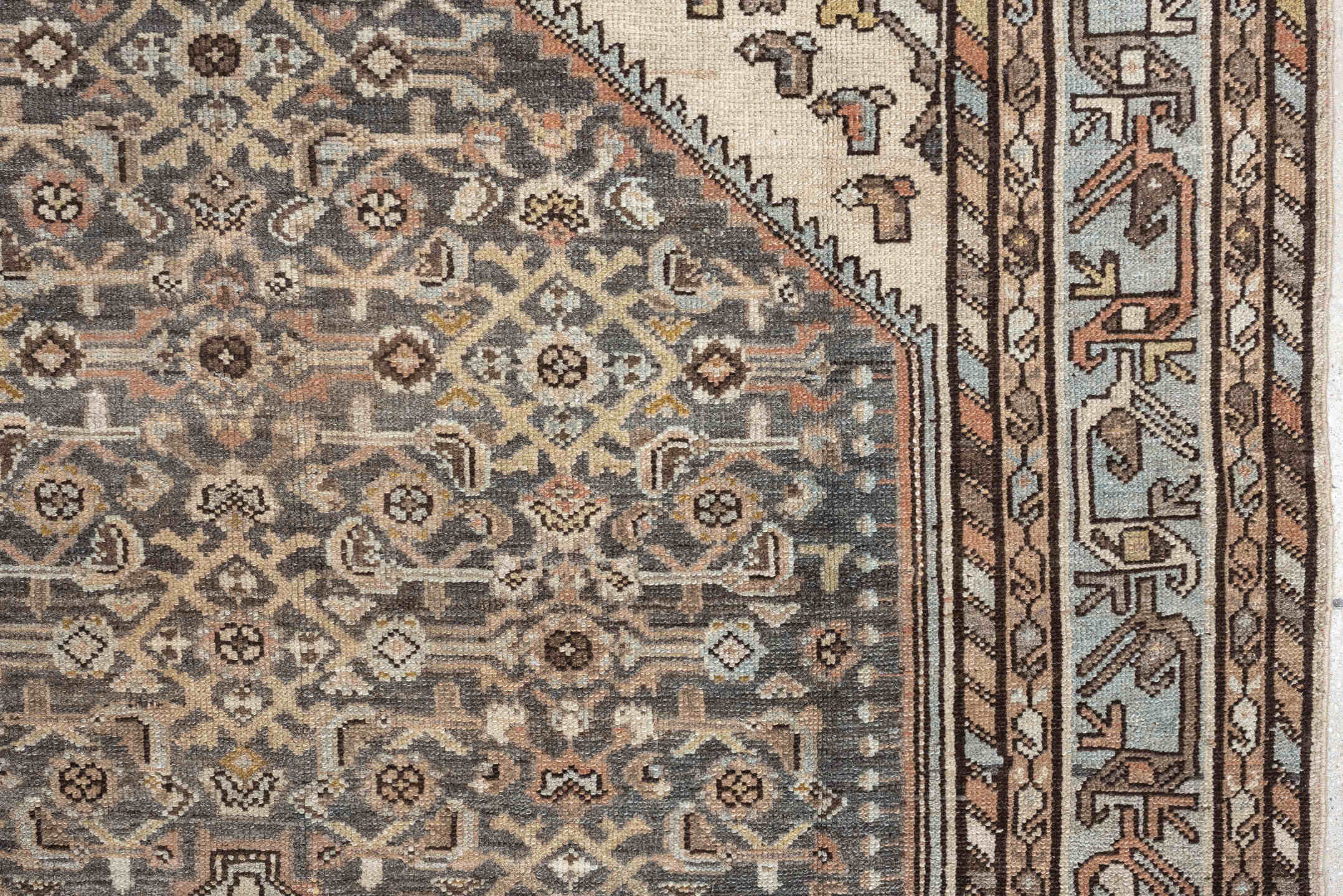 4' x 6' one-of-a-kind handmade vintage Malayer small size rug. Color palette: navy, coral, cobalt, rust, ivory, rose, camel