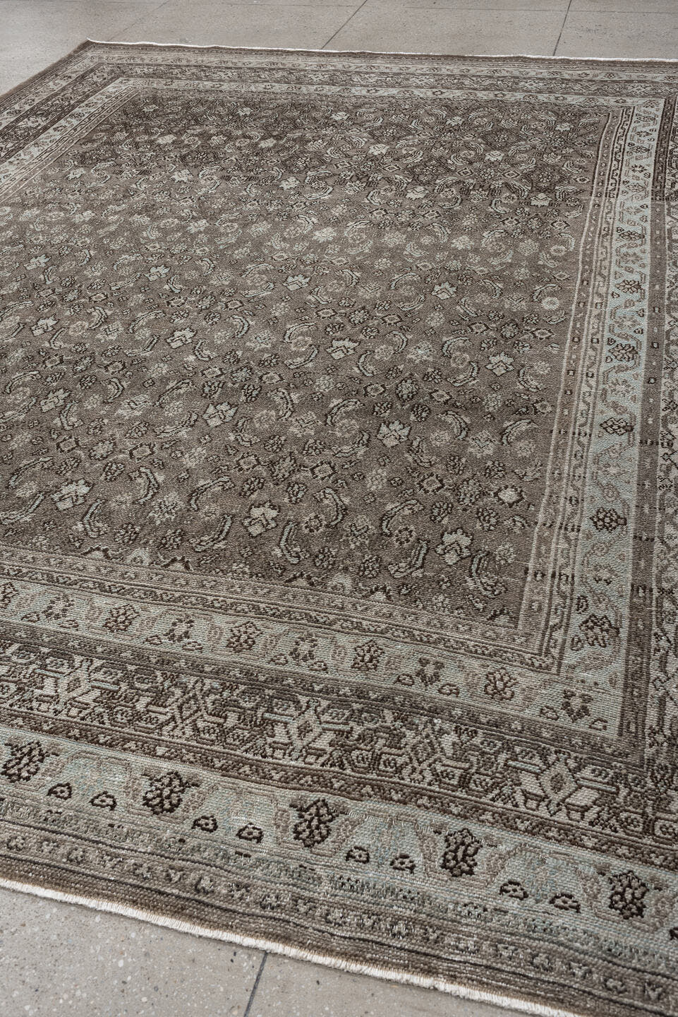 9' x 11' one-of-a-kind handmade antique Bibikabad large size rug. Color palette: taupe, ivory, brown, camel, charcoal, beige