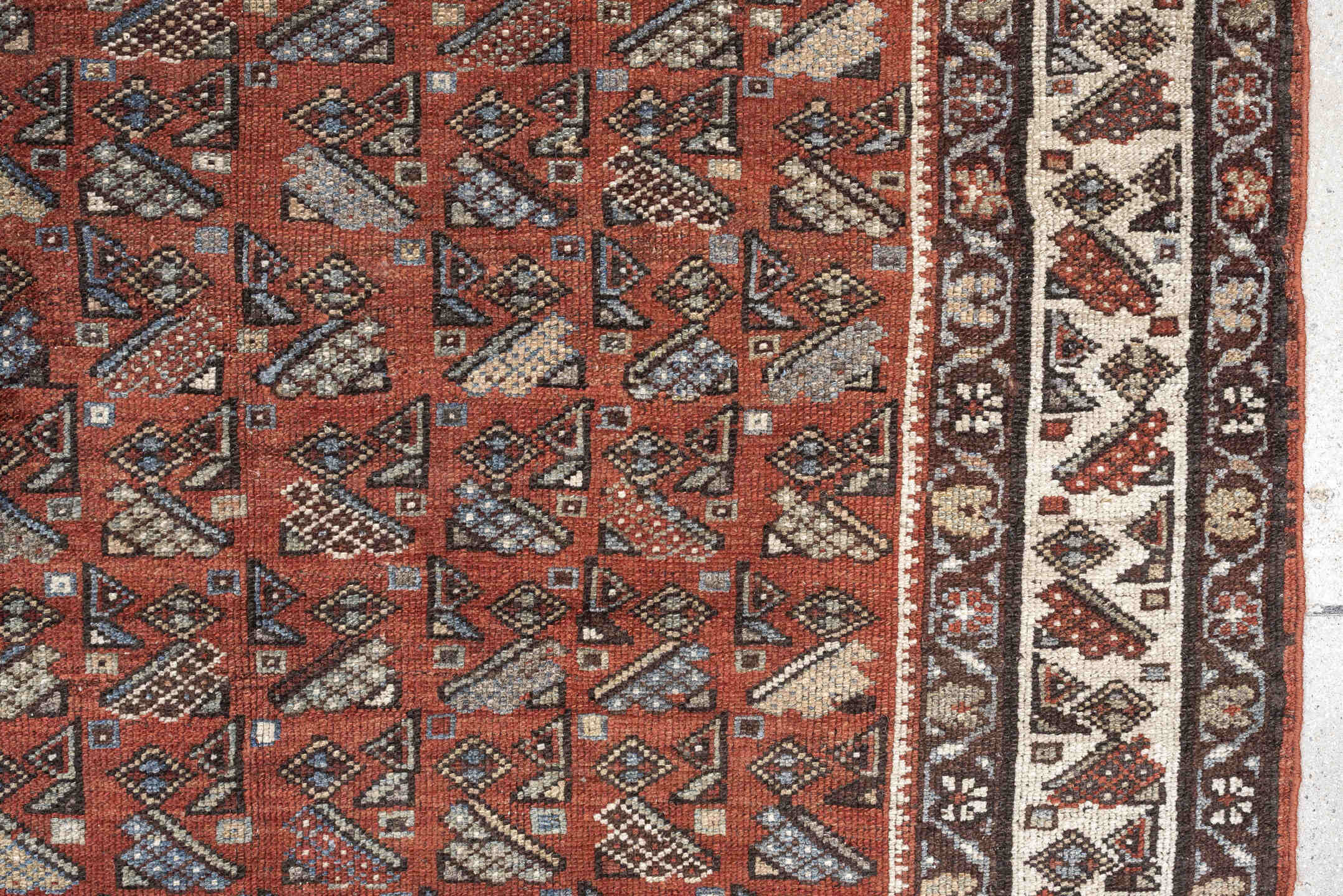 4' x 6' one-of-a-kind handmade antique Malayer small size rug. Color palette: rust, ivory, dark brown, slate blue, camel