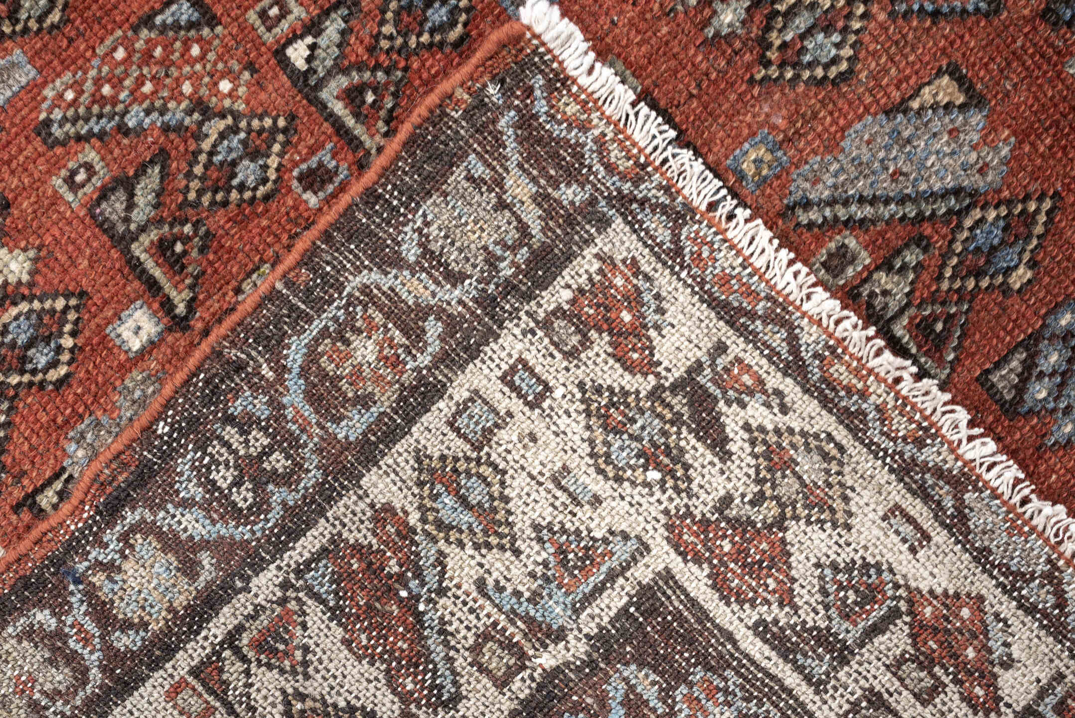 4' x 6' one-of-a-kind handmade antique Malayer small size rug. Color palette: rust, ivory, dark brown, slate blue, camel
