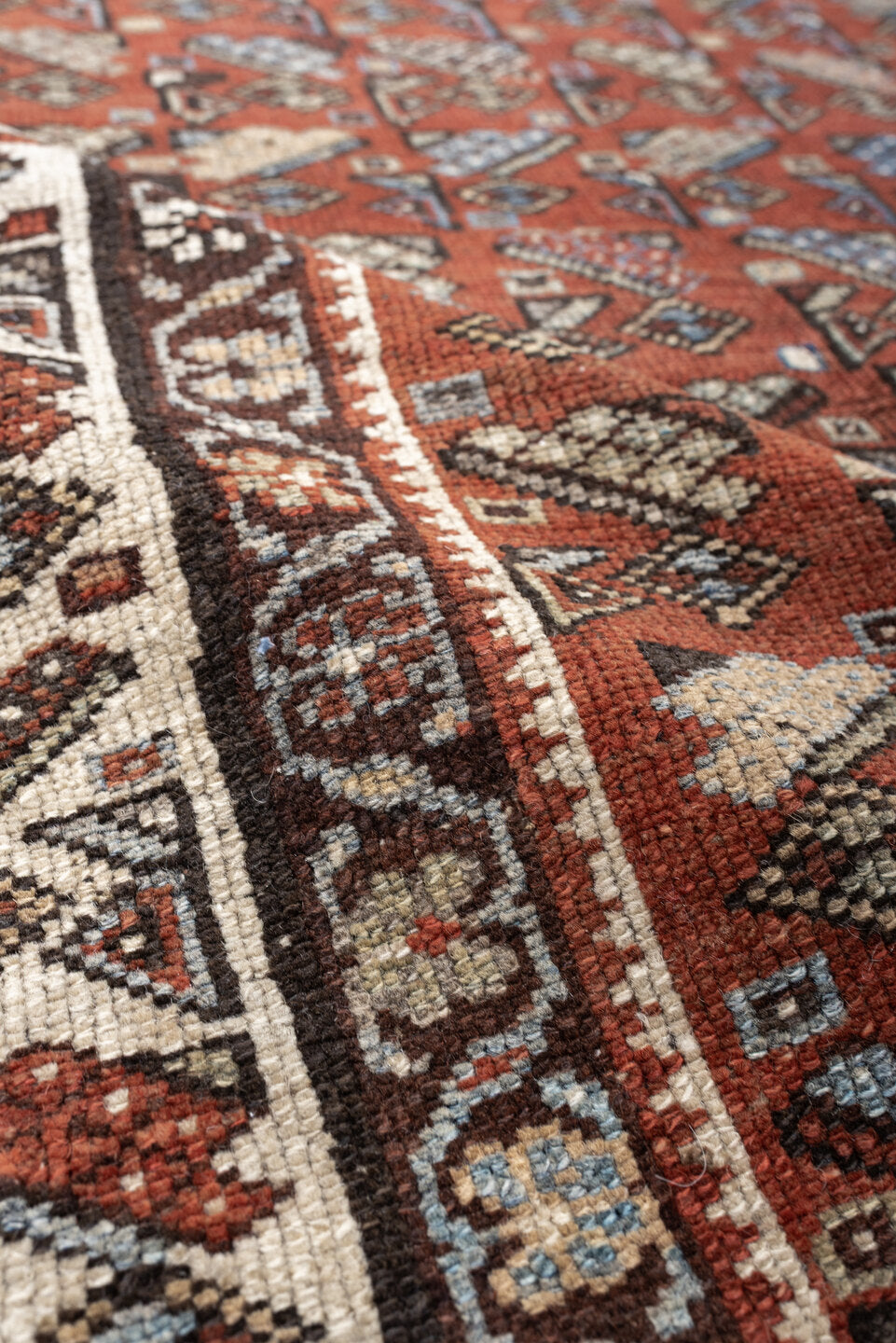 4' x 6' one-of-a-kind handmade antique Malayer small size rug. Color palette: rust, ivory, dark brown, slate blue, camel