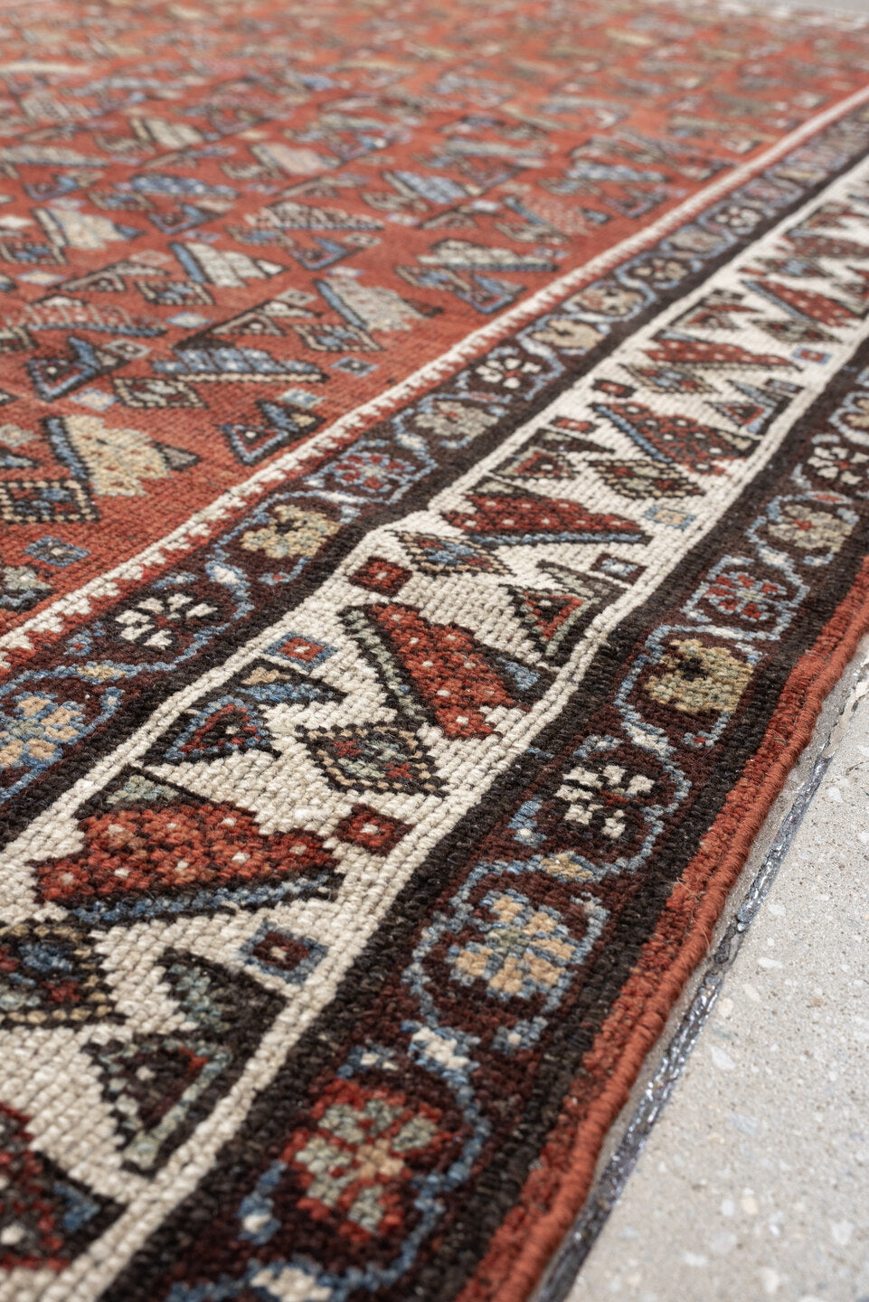 4' x 6' one-of-a-kind handmade antique Malayer small size rug. Color palette: rust, ivory, dark brown, slate blue, camel