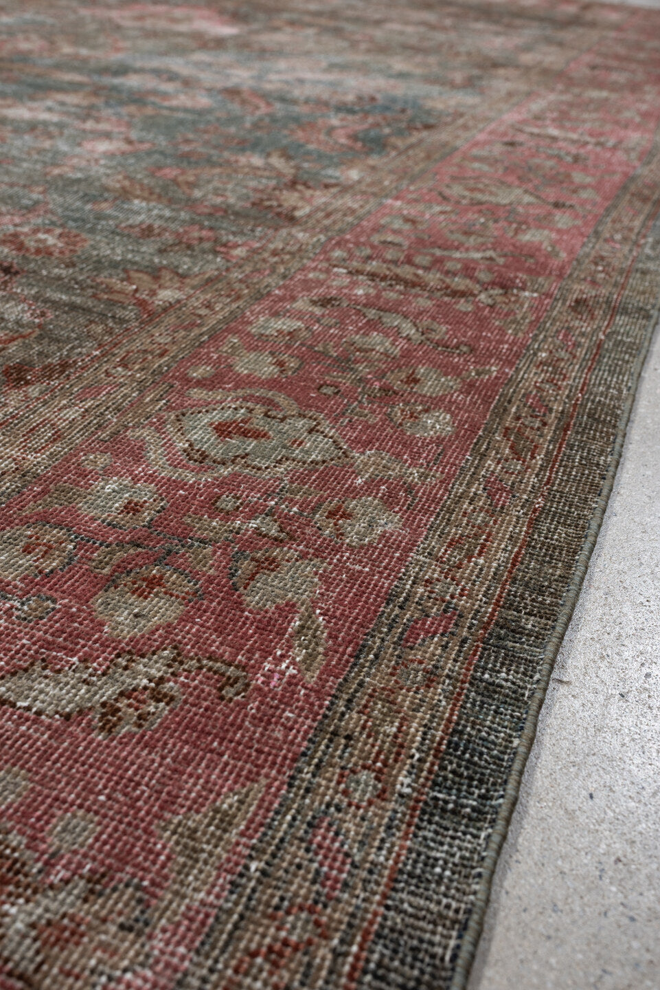 6' x 9' one-of-a-kind handmade antique Mahal medium size rug. Color palette: slate, rose, terracotta, taupe, ivory, charcoal