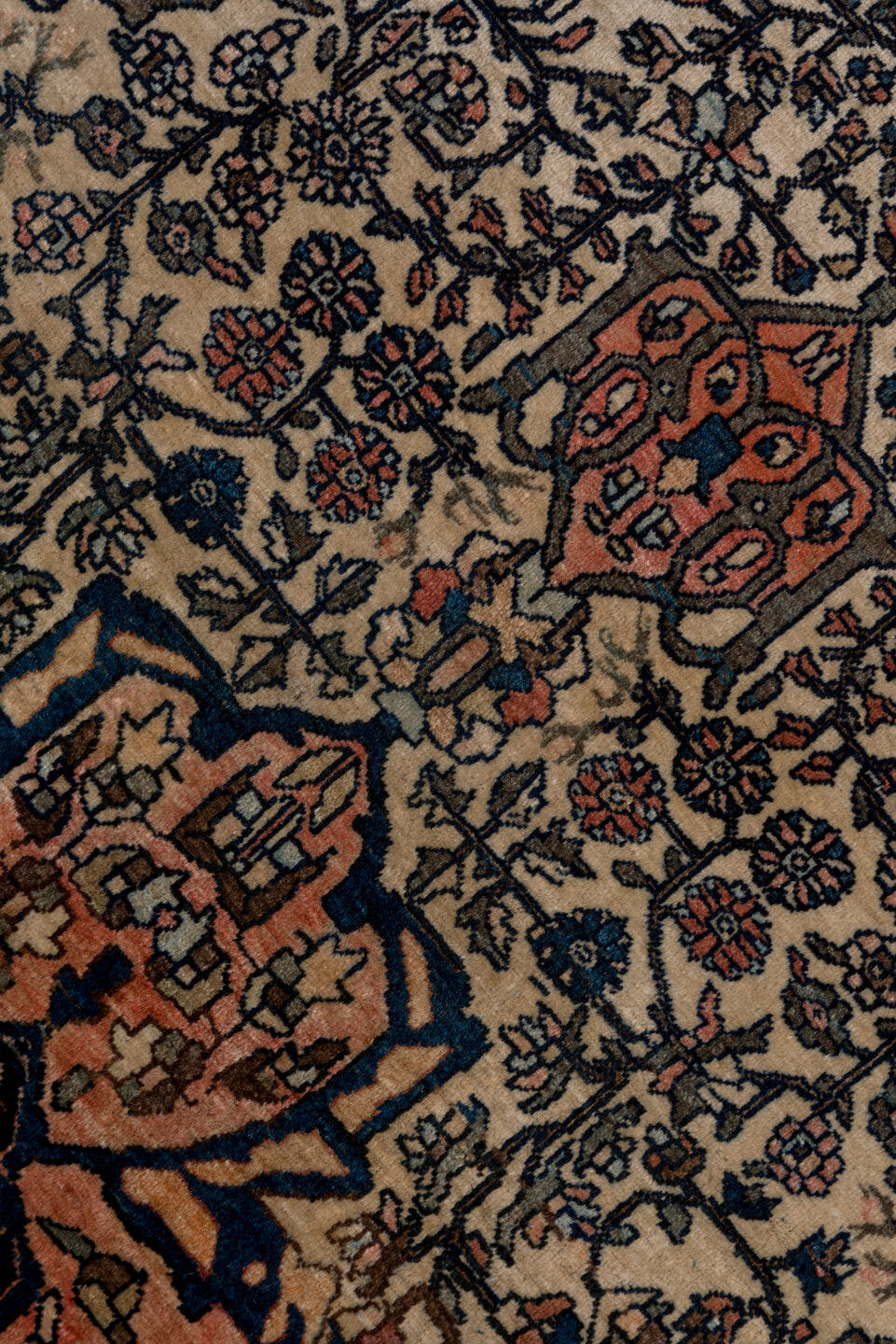 4' x 6' one-of-a-kind handmade antique Far.Sarouk small size rug. Color palette: ivory, rust, navy, rose, charcoal, coral