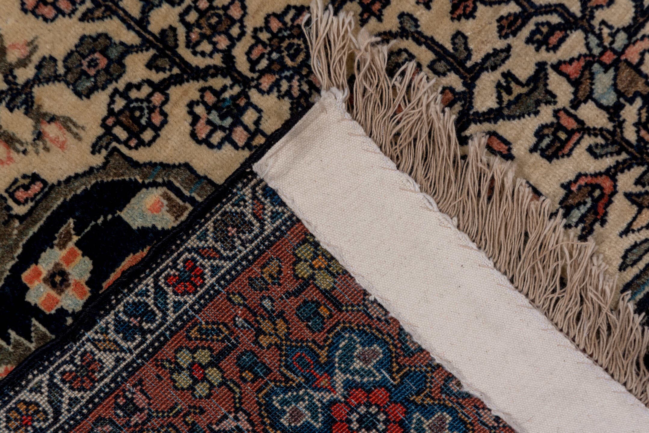4' x 6' one-of-a-kind handmade antique Far.Sarouk small size rug. Color palette: ivory, rust, navy, rose, charcoal, coral