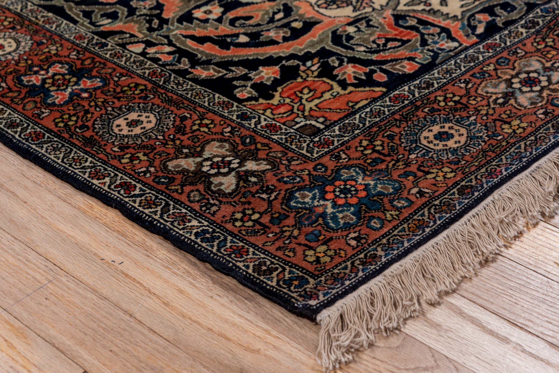 4' x 6' one-of-a-kind handmade antique Far.Sarouk small size rug. Color palette: ivory, rust, navy, rose, charcoal, coral
