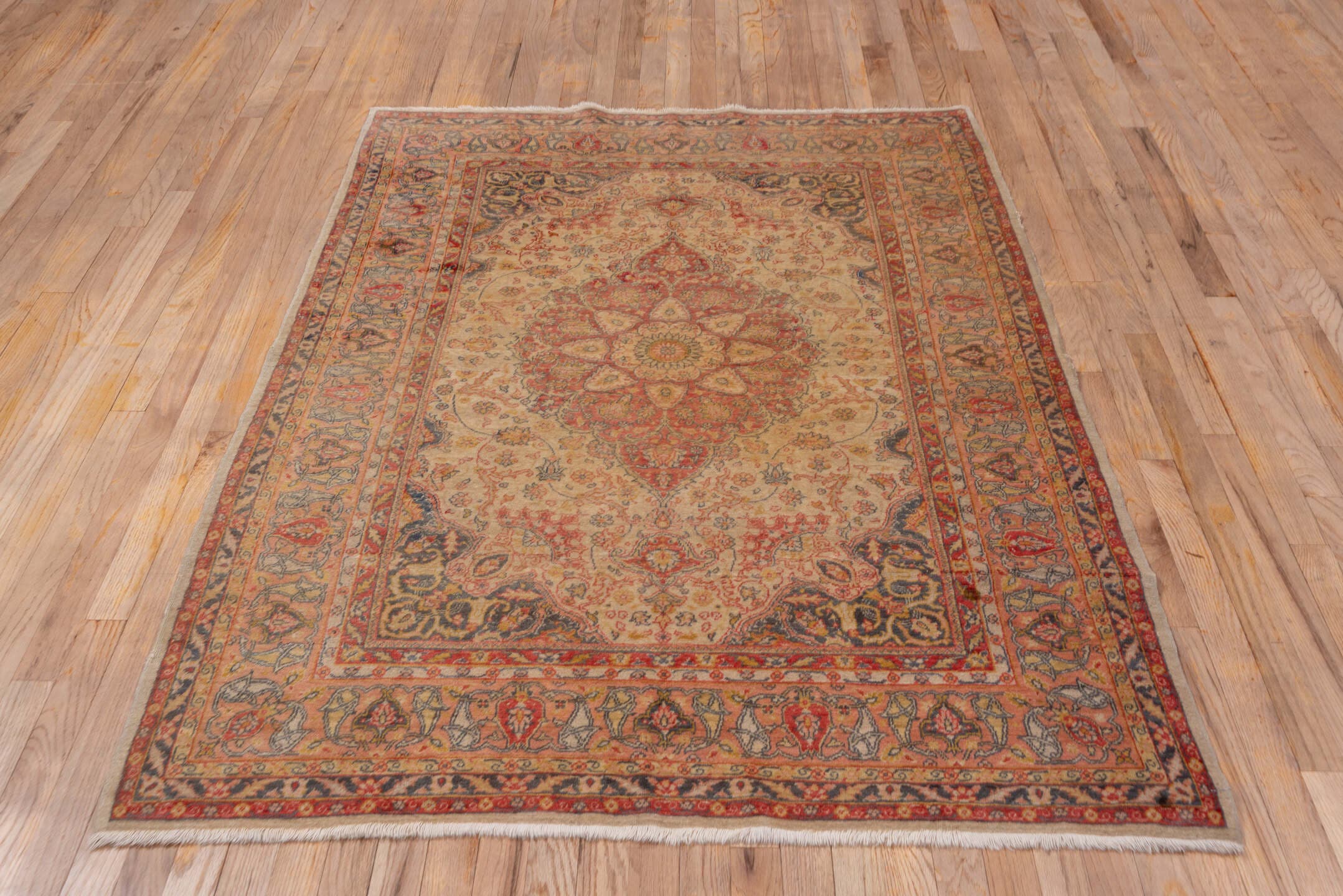4' x 6' one-of-a-kind handmade antique Sivas small size rug. Color palette: ivory, rose, rust, gold, slate, terra cotta