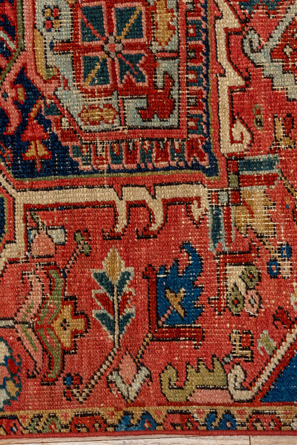 5' x 8' one-of-a-kind handmade vintage Heriz medium size rug. Color palette: coral, navy, sky blue, ivory, rust, sage, camel