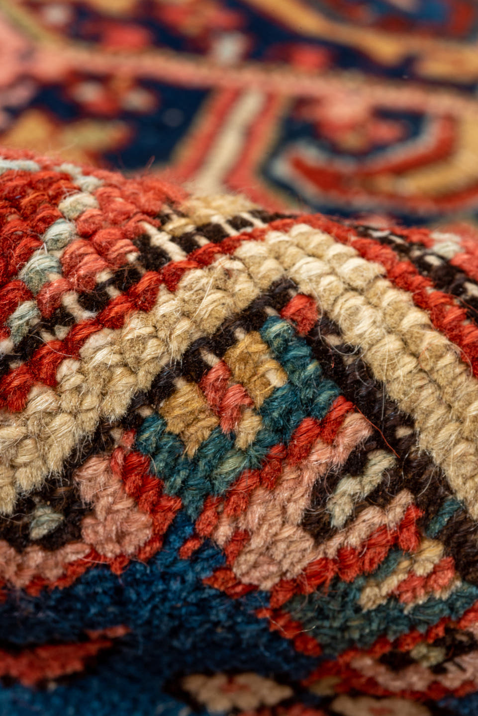 5' x 8' one-of-a-kind handmade vintage Heriz medium size rug. Color palette: coral, navy, sky blue, ivory, rust, sage, camel